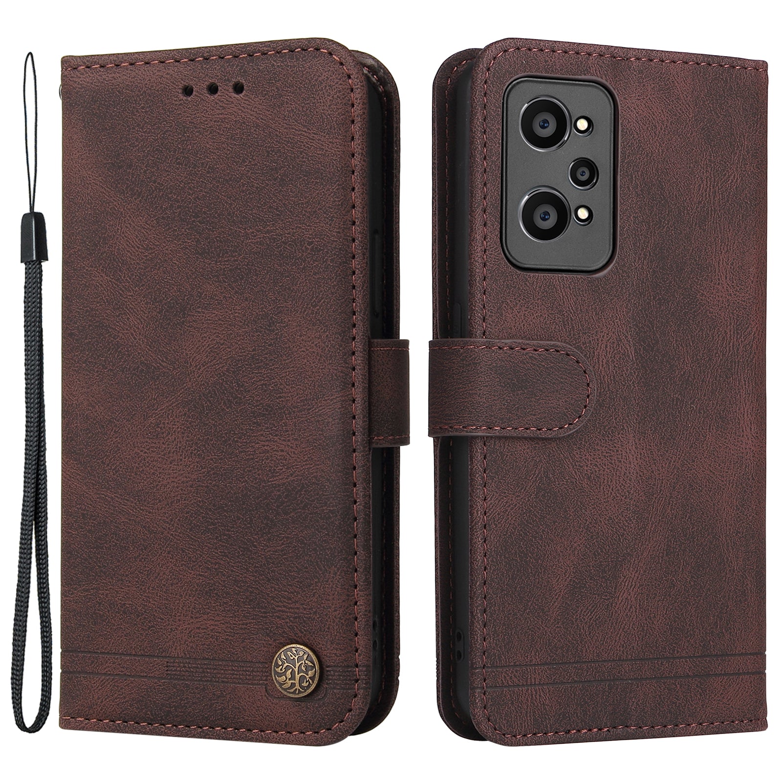Retro Tree Pattern Metal Button Decor Stand Wallet PU Leather Phone Case Cover for Realme GT Neo2 5G/GT Neo 3T 5G