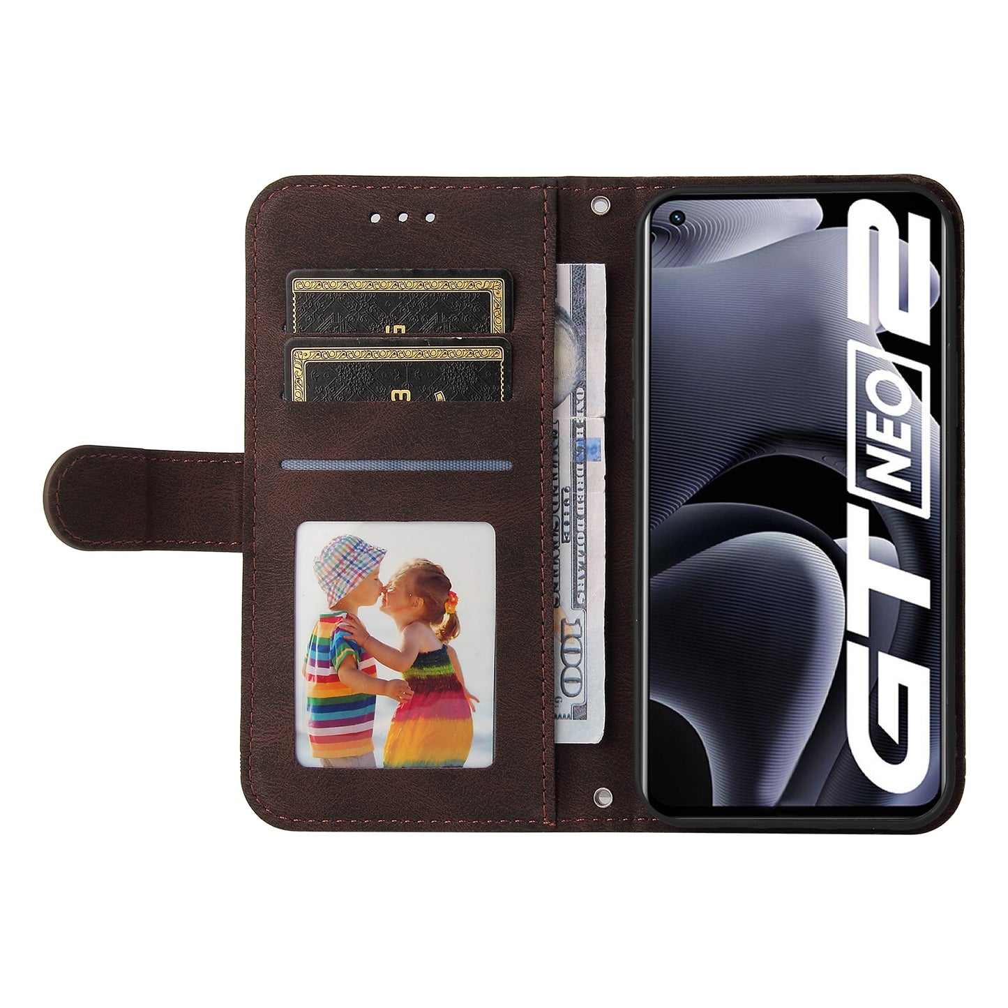 Retro Tree Pattern Metal Button Decor Stand Wallet PU Leather Phone Case Cover for Realme GT Neo2 5G/GT Neo 3T 5G