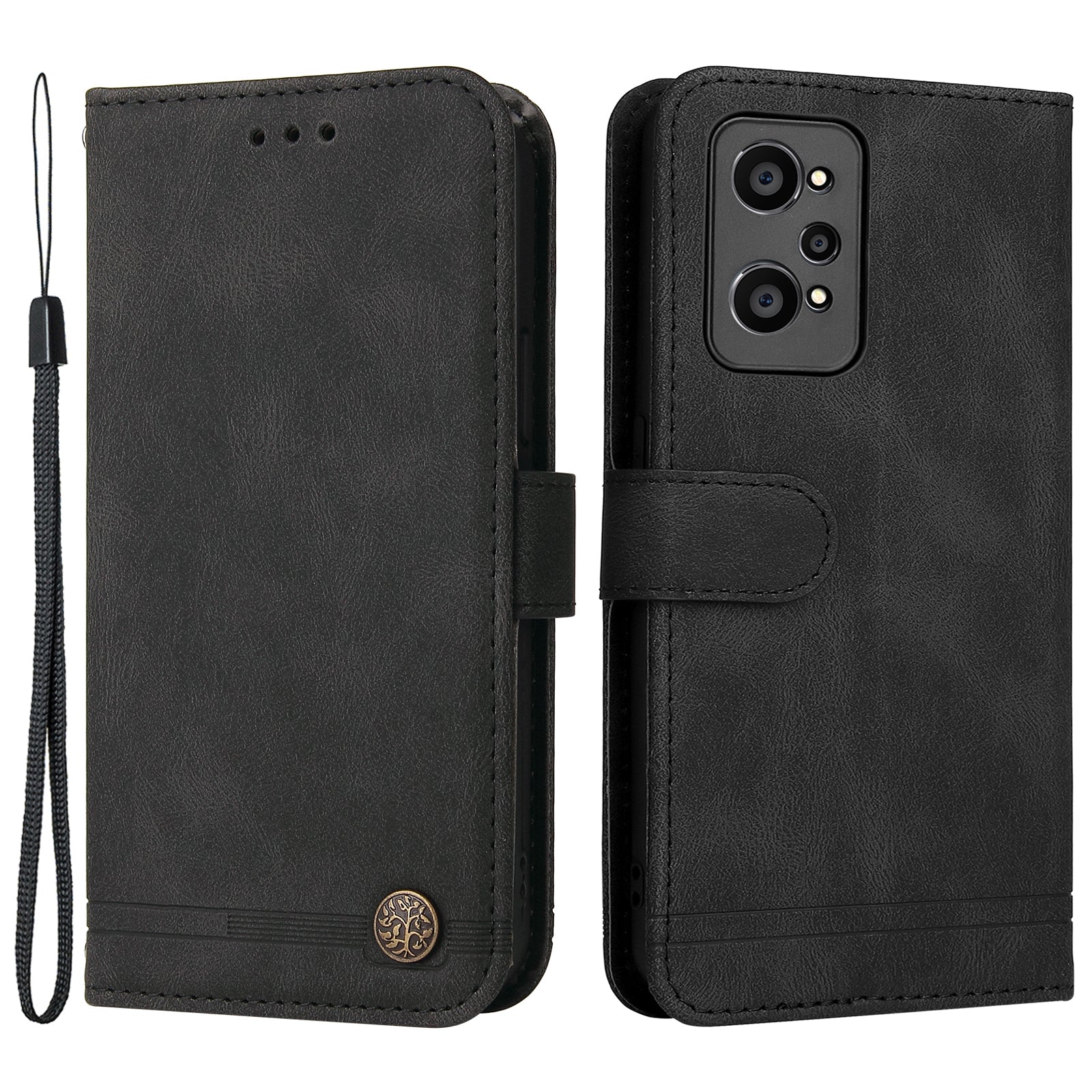 Retro Tree Pattern Metal Button Decor Stand Wallet PU Leather Phone Case Cover for Realme GT Neo2 5G/GT Neo 3T 5G