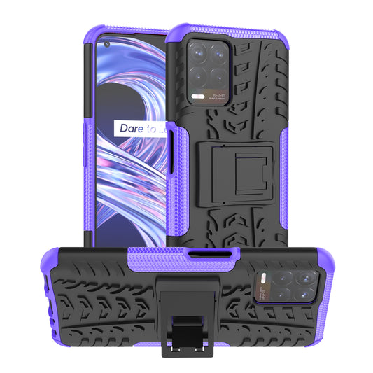 2 in 1 Tire Texture Shock-Absorption Phone Case Hard PC + TPU Protective Cover with Kickstand for Realme 8i/Narzo 50 4G