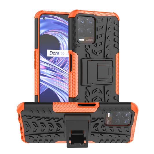2 in 1 Tire Texture Shock-Absorption Phone Case Hard PC + TPU Protective Cover with Kickstand for Realme 8i/Narzo 50 4G
