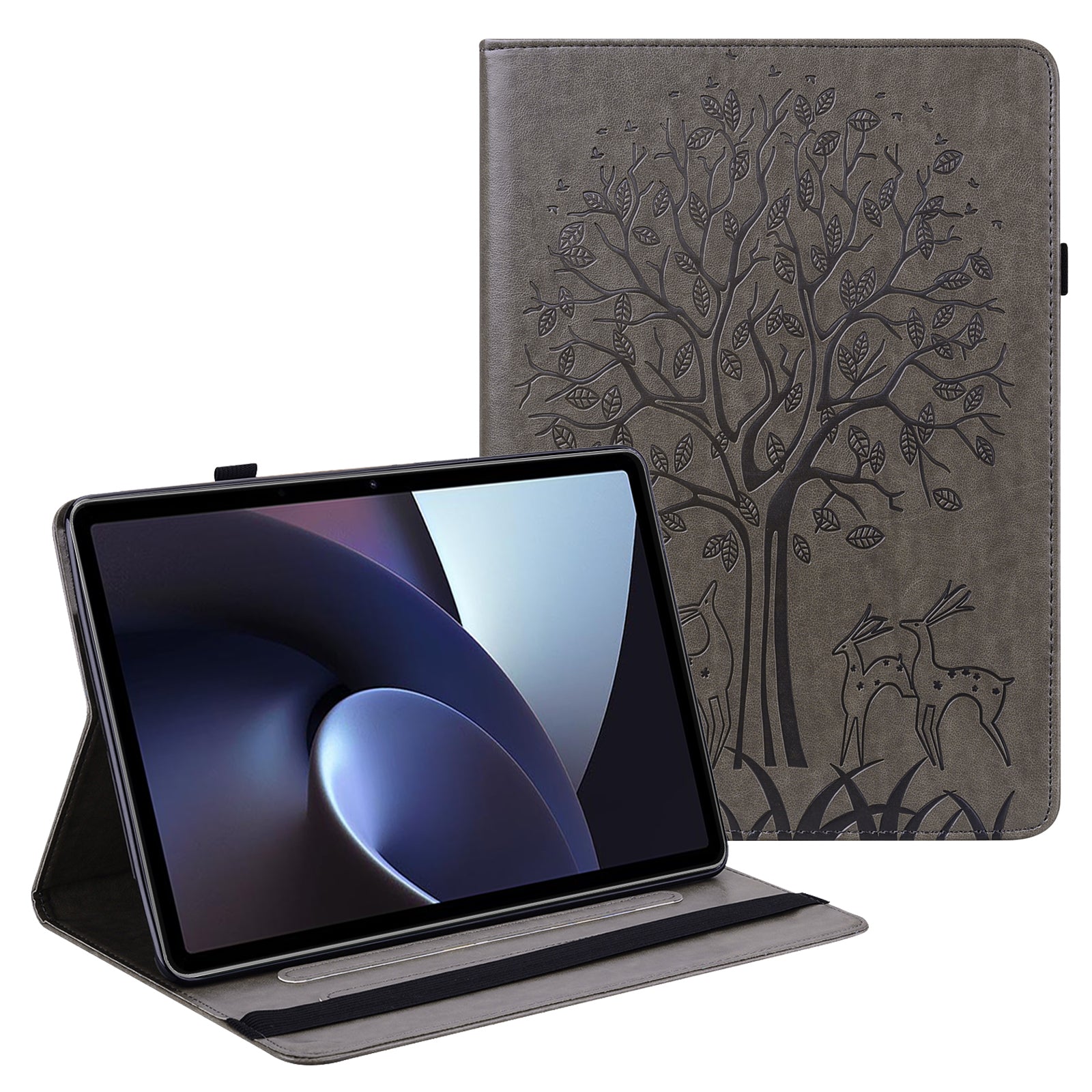 For Oppo Pad Tree Deer Imprinted Stand PU Leather Tablet Cover Card Holder Protective Case with Elastic Band Closure