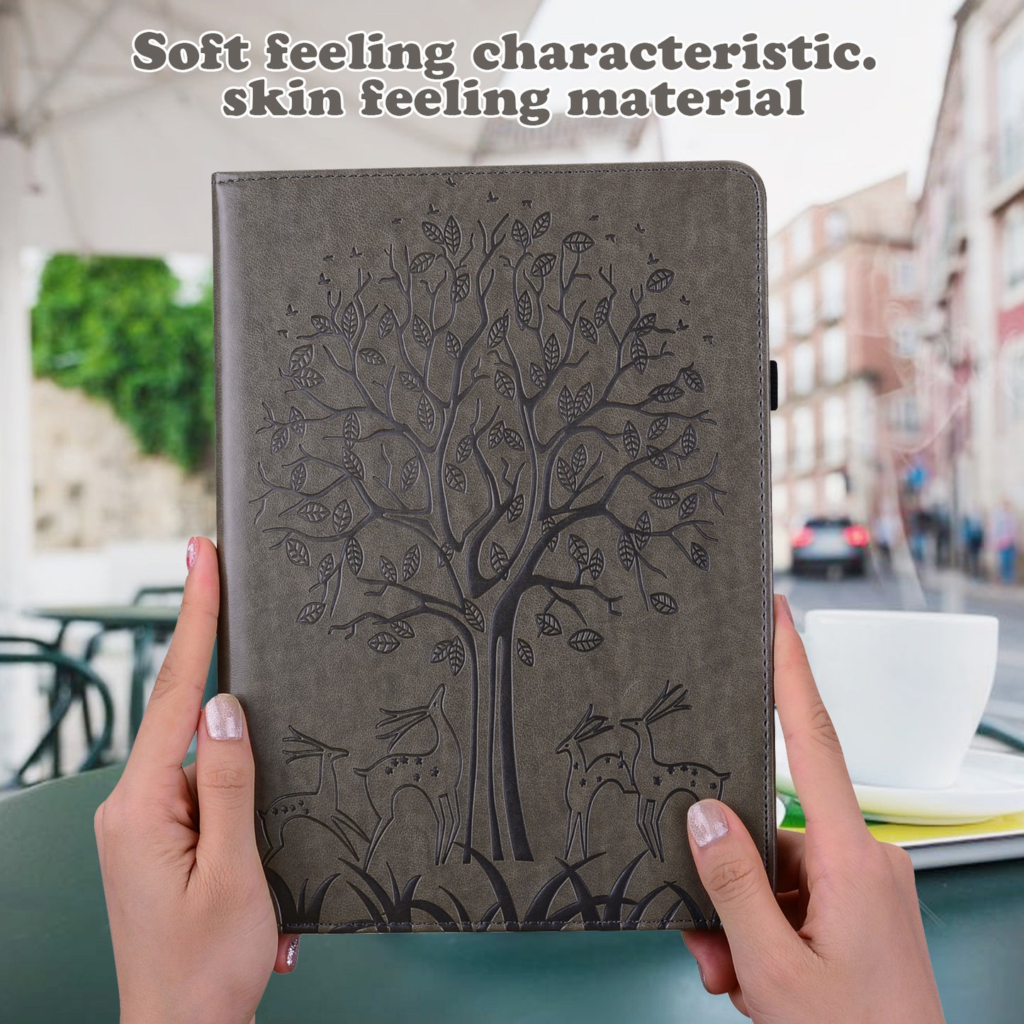 For Oppo Pad Tree Deer Imprinted Stand PU Leather Tablet Cover Card Holder Protective Case with Elastic Band Closure