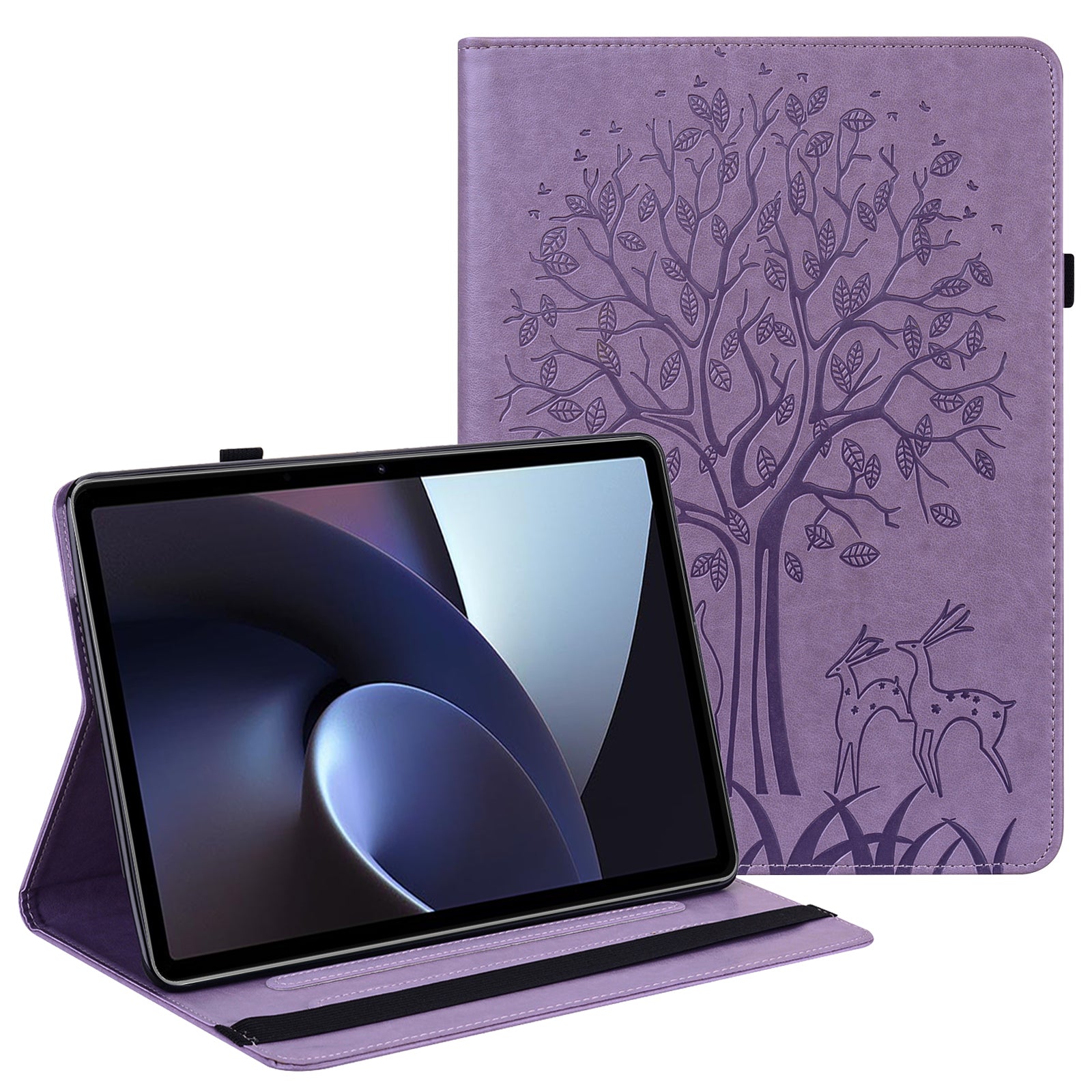 For Oppo Pad Tree Deer Imprinted Stand PU Leather Tablet Cover Card Holder Protective Case with Elastic Band Closure