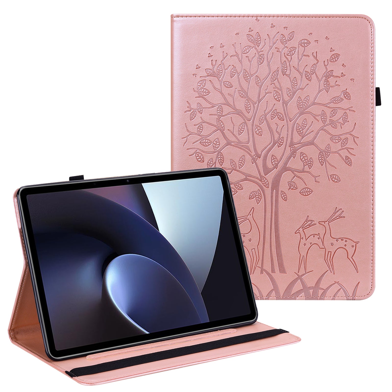 For Oppo Pad Tree Deer Imprinted Stand PU Leather Tablet Cover Card Holder Protective Case with Elastic Band Closure