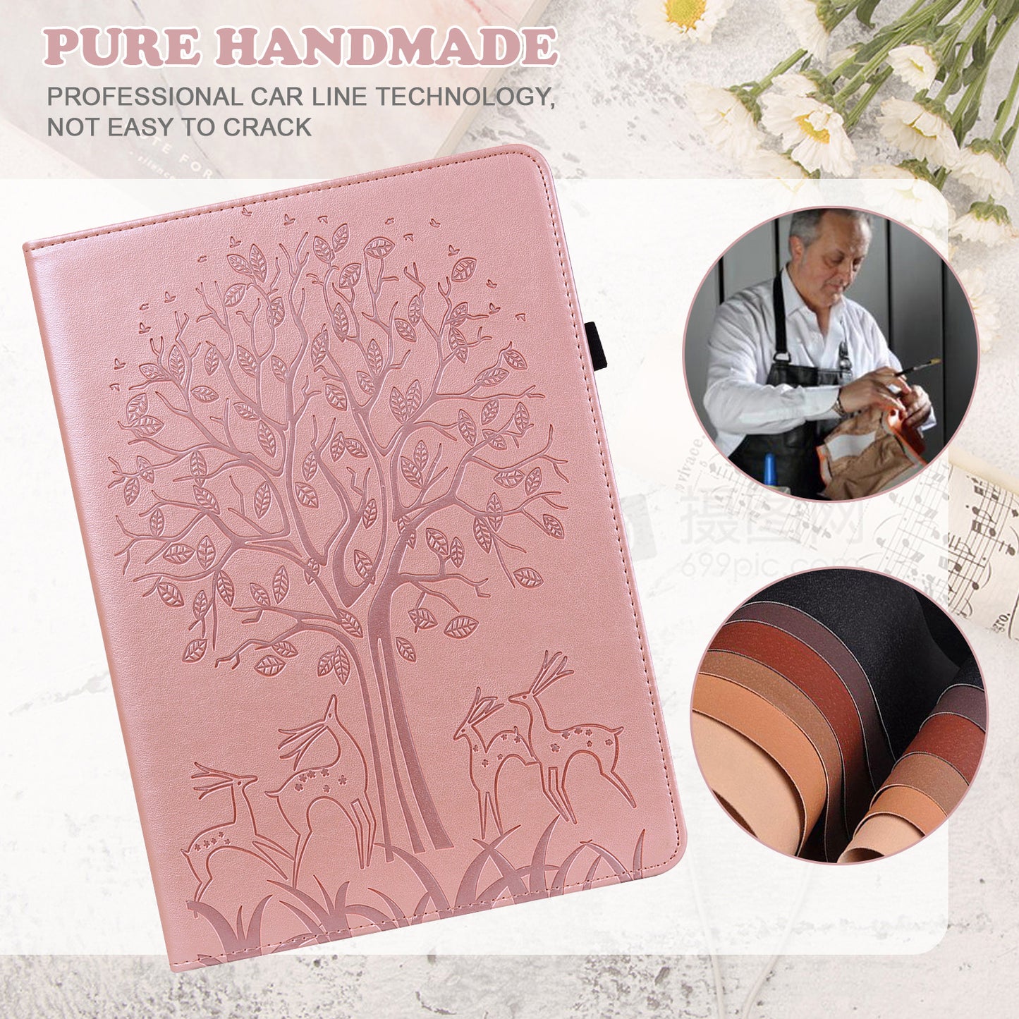 For Oppo Pad Tree Deer Imprinted Stand PU Leather Tablet Cover Card Holder Protective Case with Elastic Band Closure