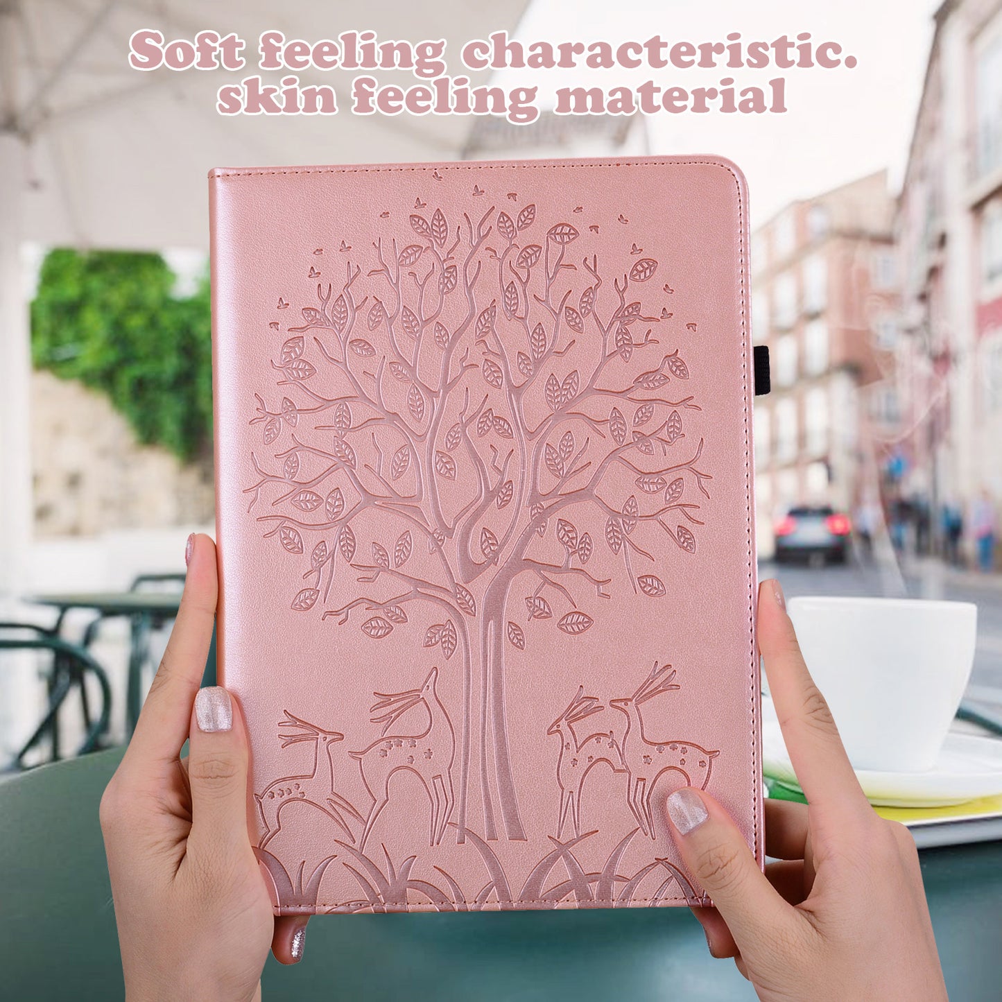 For Oppo Pad Tree Deer Imprinted Stand PU Leather Tablet Cover Card Holder Protective Case with Elastic Band Closure