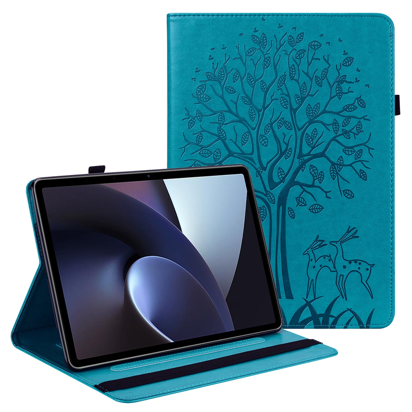 For Oppo Pad Tree Deer Imprinted Stand PU Leather Tablet Cover Card Holder Protective Case with Elastic Band Closure