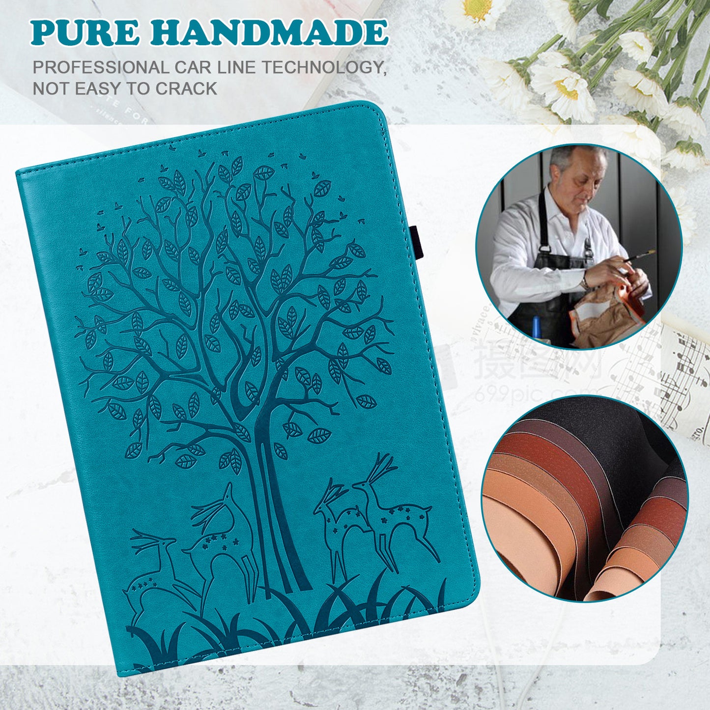For Oppo Pad Tree Deer Imprinted Stand PU Leather Tablet Cover Card Holder Protective Case with Elastic Band Closure