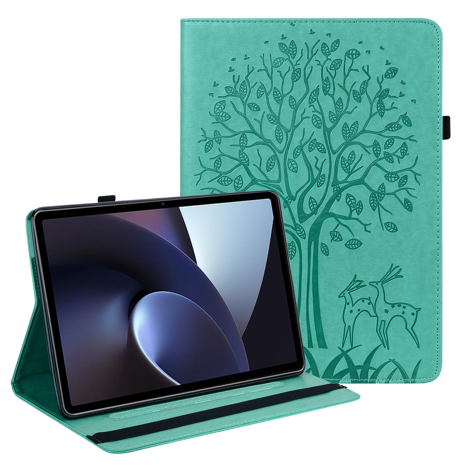 For Oppo Pad Tree Deer Imprinted Stand PU Leather Tablet Cover Card Holder Protective Case with Elastic Band Closure