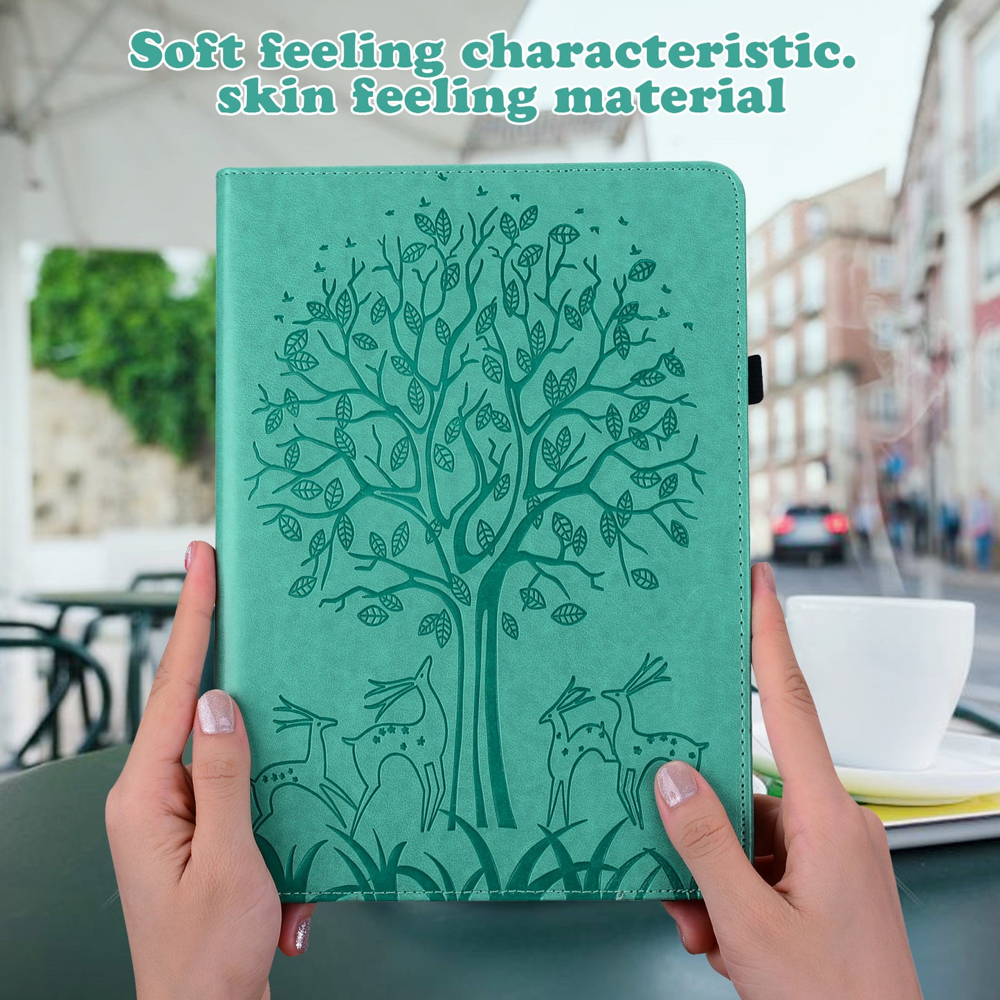 For Oppo Pad Tree Deer Imprinted Stand PU Leather Tablet Cover Card Holder Protective Case with Elastic Band Closure