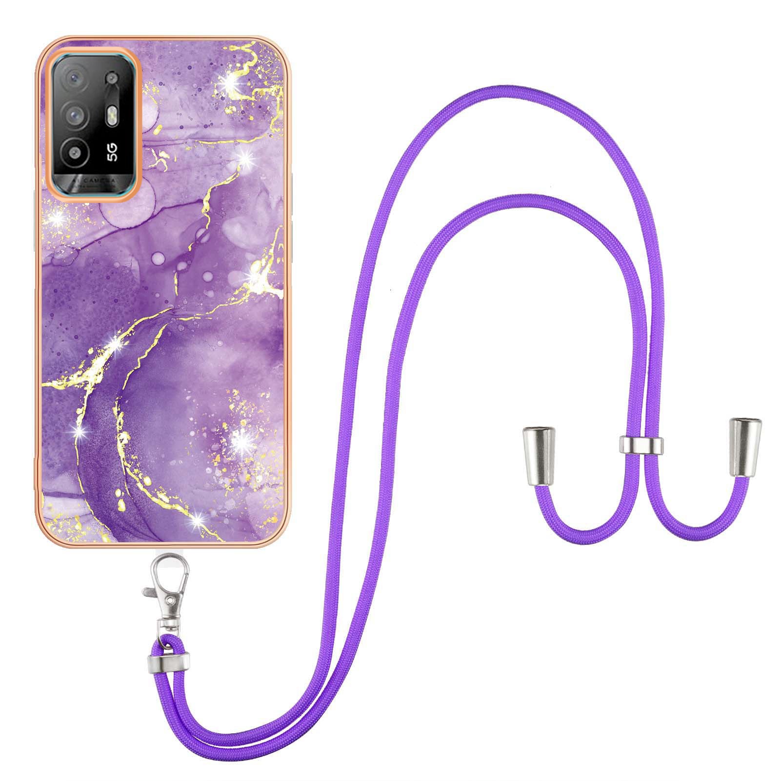 YB IMD Series-9 Marble Pattern Case for Oppo A95 5G/A94 5G Ultra-slim Light Electroplating Frame TPU IMD Lanyard Mobile Phone Case
