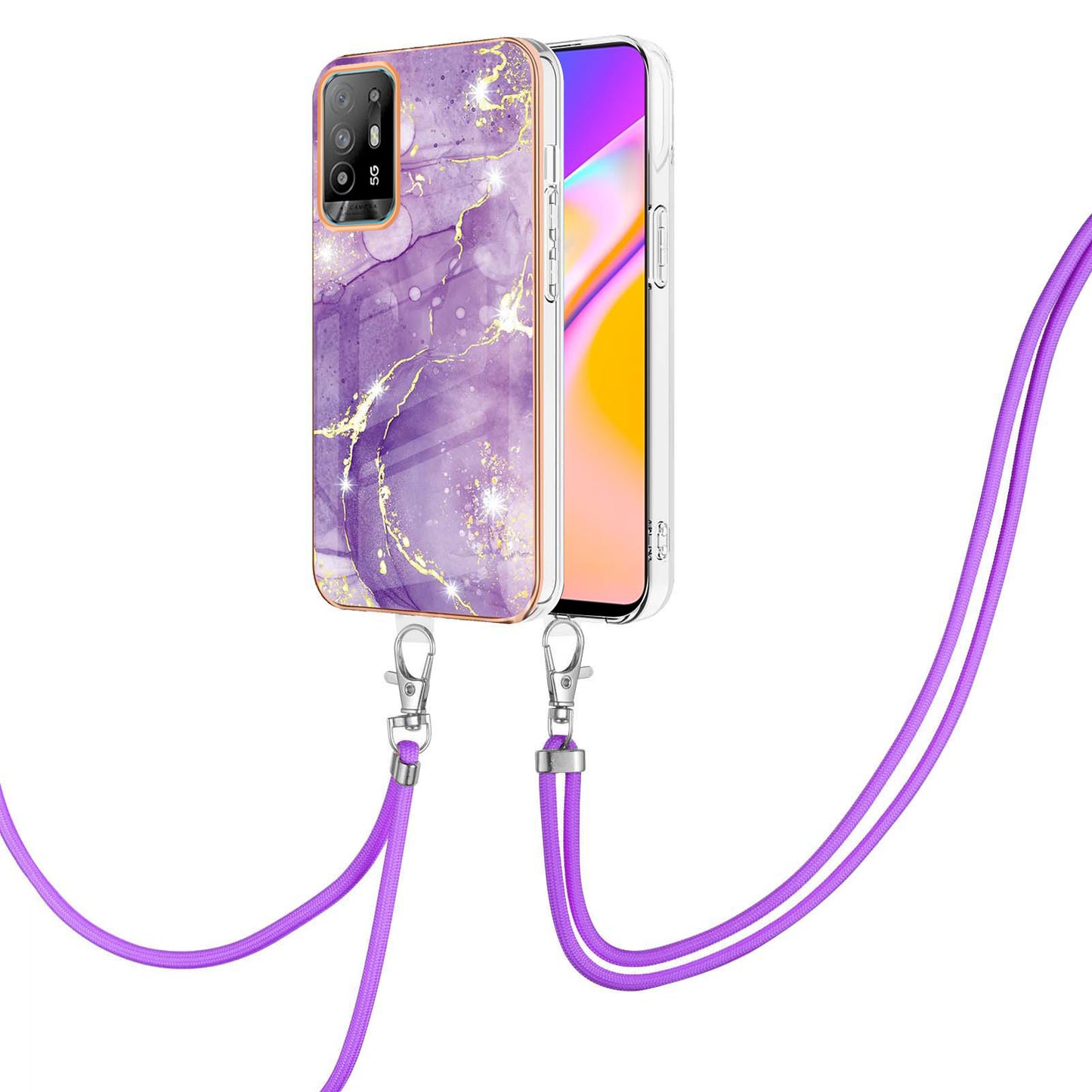 YB IMD Series-9 Marble Pattern Case for Oppo A95 5G/A94 5G Ultra-slim Light Electroplating Frame TPU IMD Lanyard Mobile Phone Case