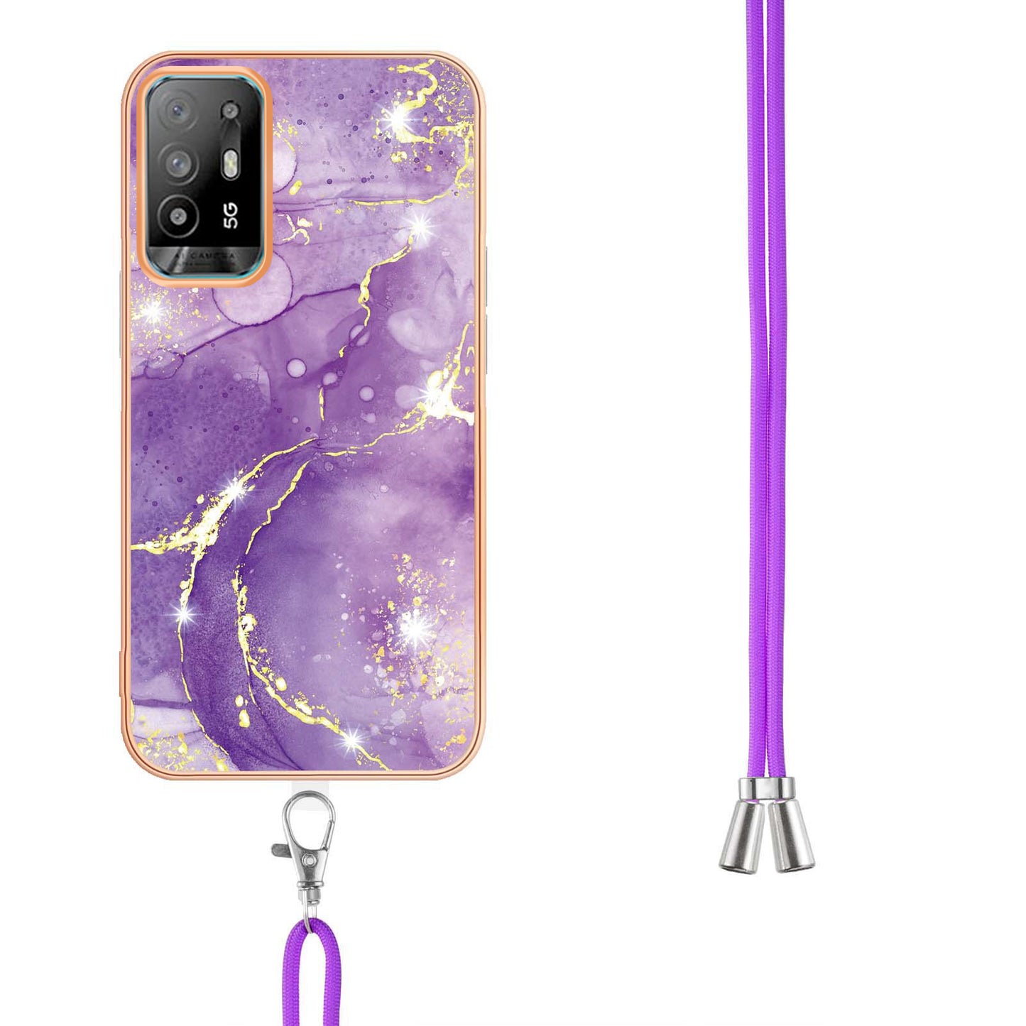 YB IMD Series-9 Marble Pattern Case for Oppo A95 5G/A94 5G Ultra-slim Light Electroplating Frame TPU IMD Lanyard Mobile Phone Case