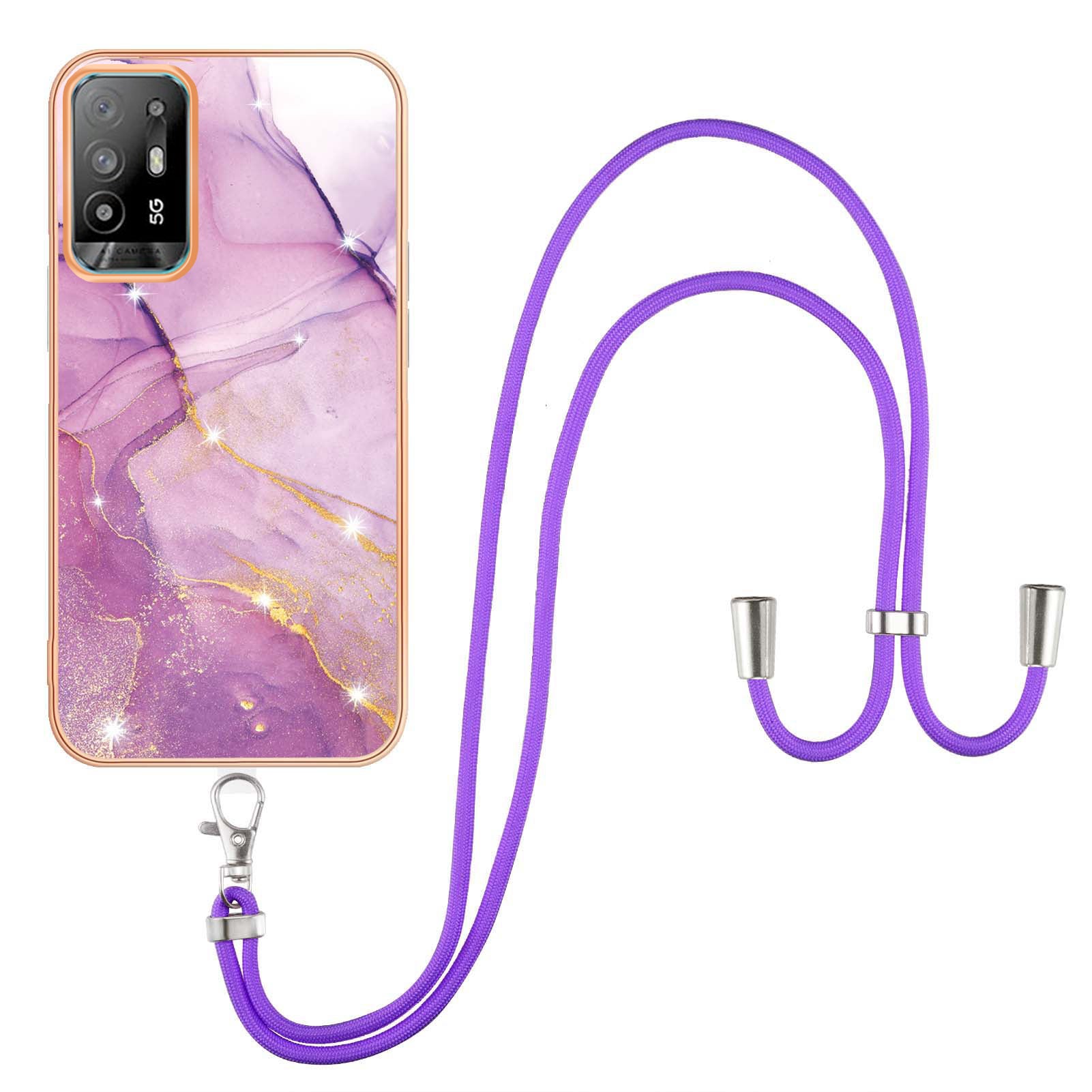 YB IMD Series-9 Marble Pattern Case for Oppo A95 5G/A94 5G Ultra-slim Light Electroplating Frame TPU IMD Lanyard Mobile Phone Case