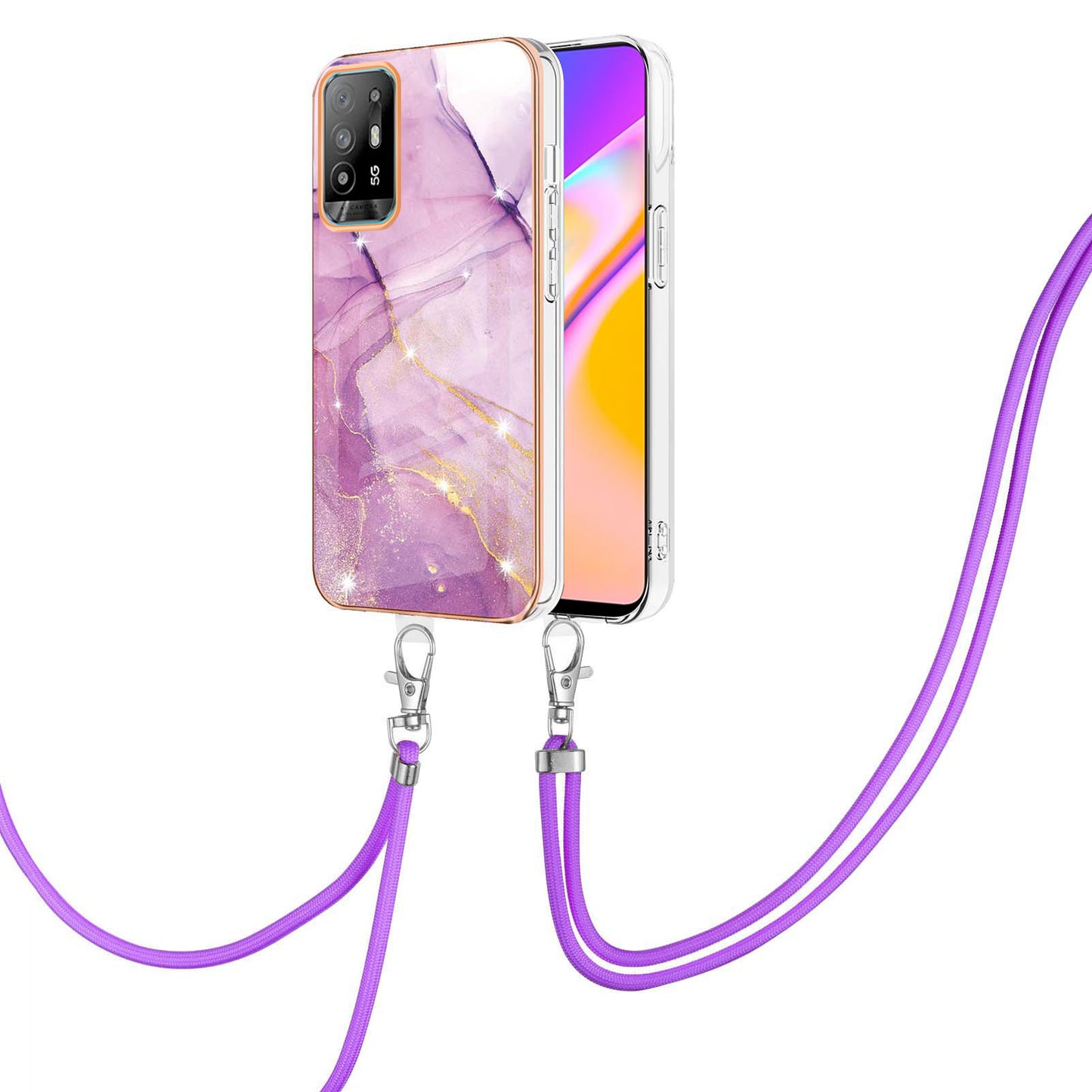 YB IMD Series-9 Marble Pattern Case for Oppo A95 5G/A94 5G Ultra-slim Light Electroplating Frame TPU IMD Lanyard Mobile Phone Case