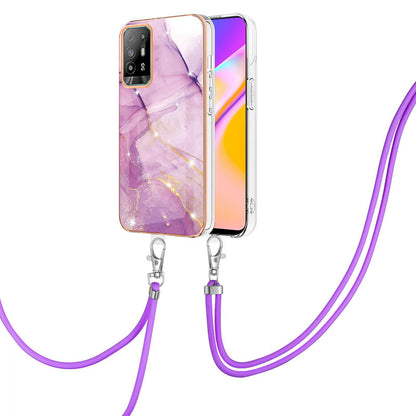 YB IMD Series-9 Marble Pattern Case for Oppo A95 5G/A94 5G Ultra-slim Light Electroplating Frame TPU IMD Lanyard Mobile Phone Case
