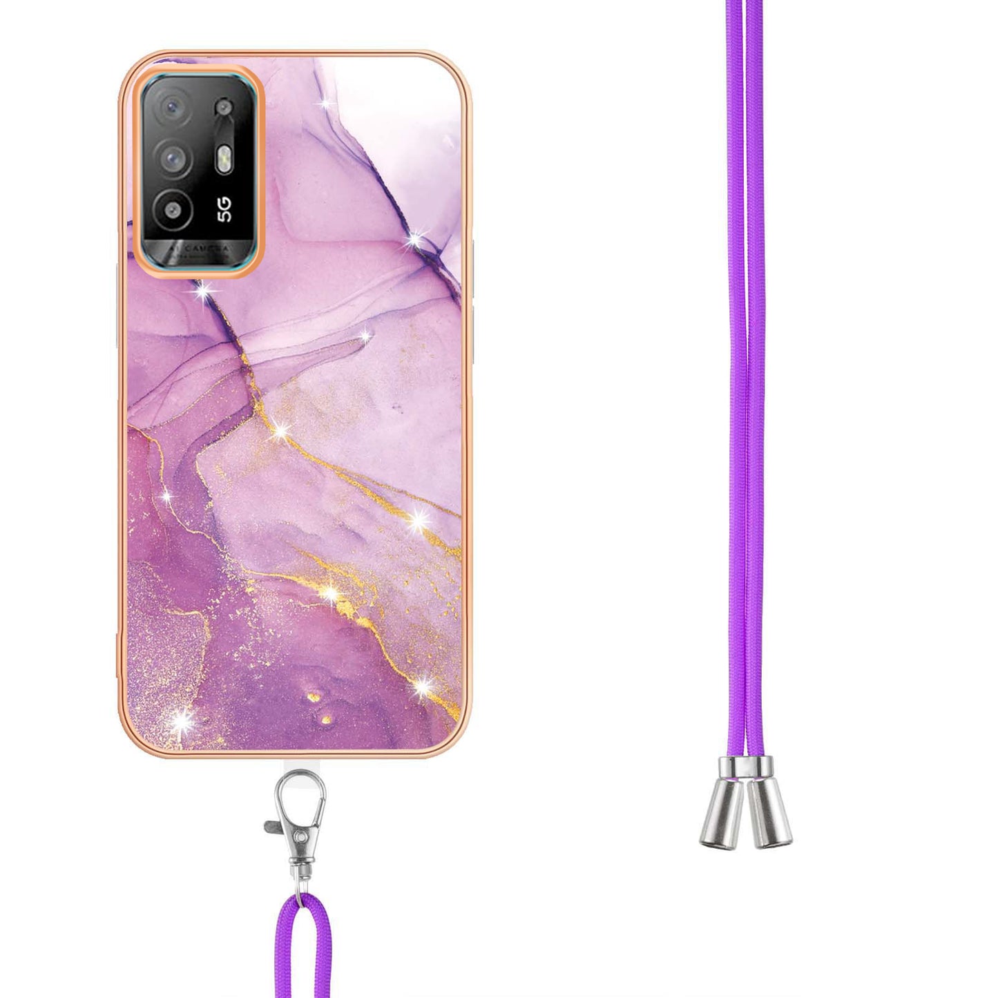YB IMD Series-9 Marble Pattern Case for Oppo A95 5G/A94 5G Ultra-slim Light Electroplating Frame TPU IMD Lanyard Mobile Phone Case