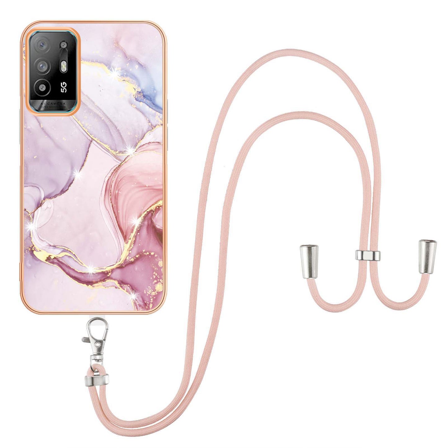 YB IMD Series-9 Marble Pattern Case for Oppo A95 5G/A94 5G Ultra-slim Light Electroplating Frame TPU IMD Lanyard Mobile Phone Case