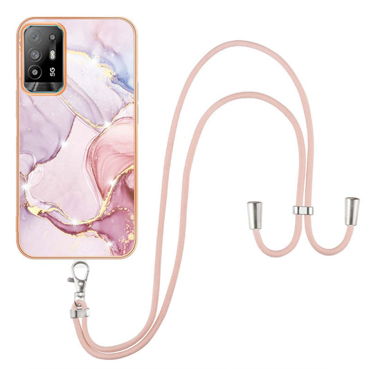 YB IMD Series-9 Marble Pattern Case for Oppo A95 5G/A94 5G Ultra-slim Light Electroplating Frame TPU IMD Lanyard Mobile Phone Case