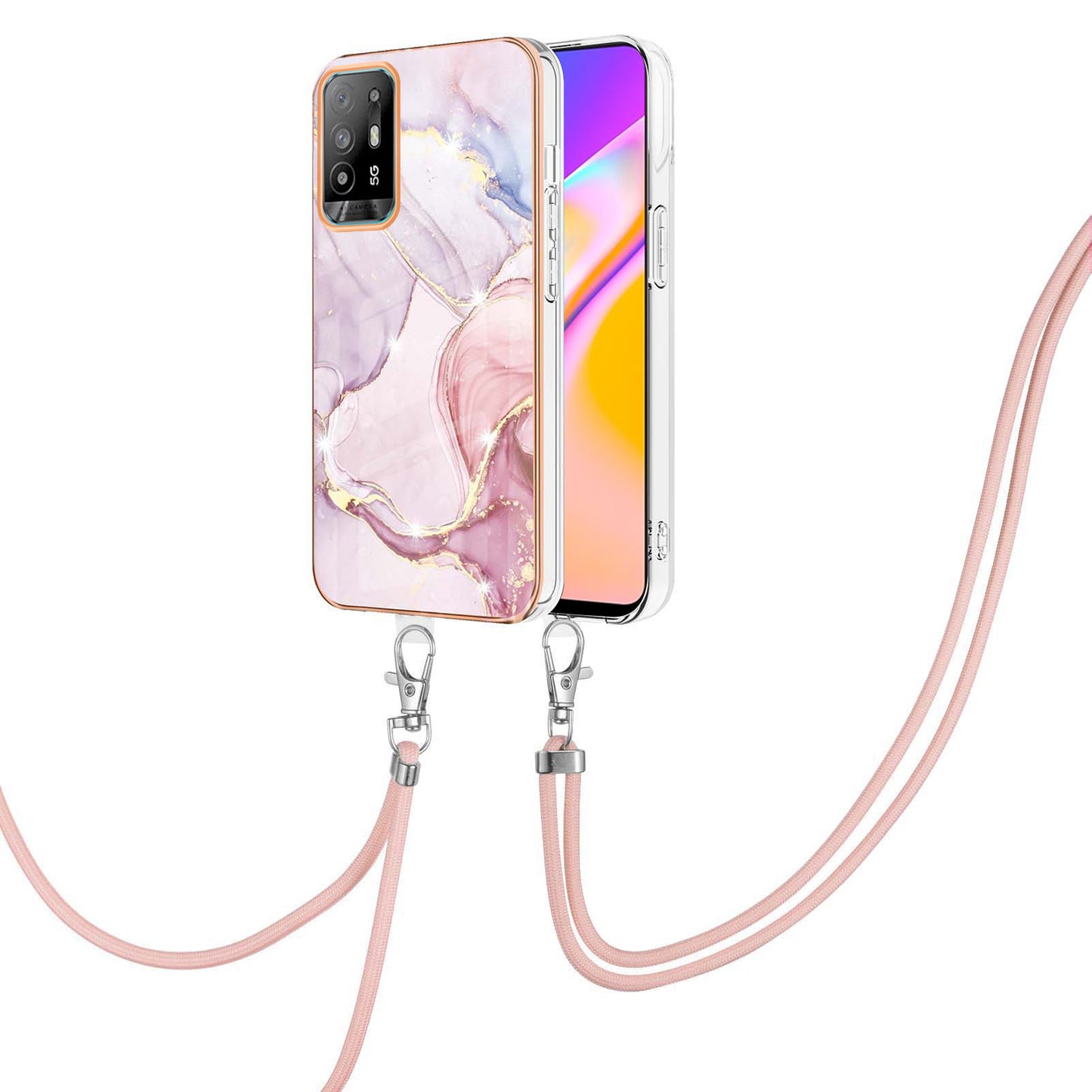 YB IMD Series-9 Marble Pattern Case for Oppo A95 5G/A94 5G Ultra-slim Light Electroplating Frame TPU IMD Lanyard Mobile Phone Case