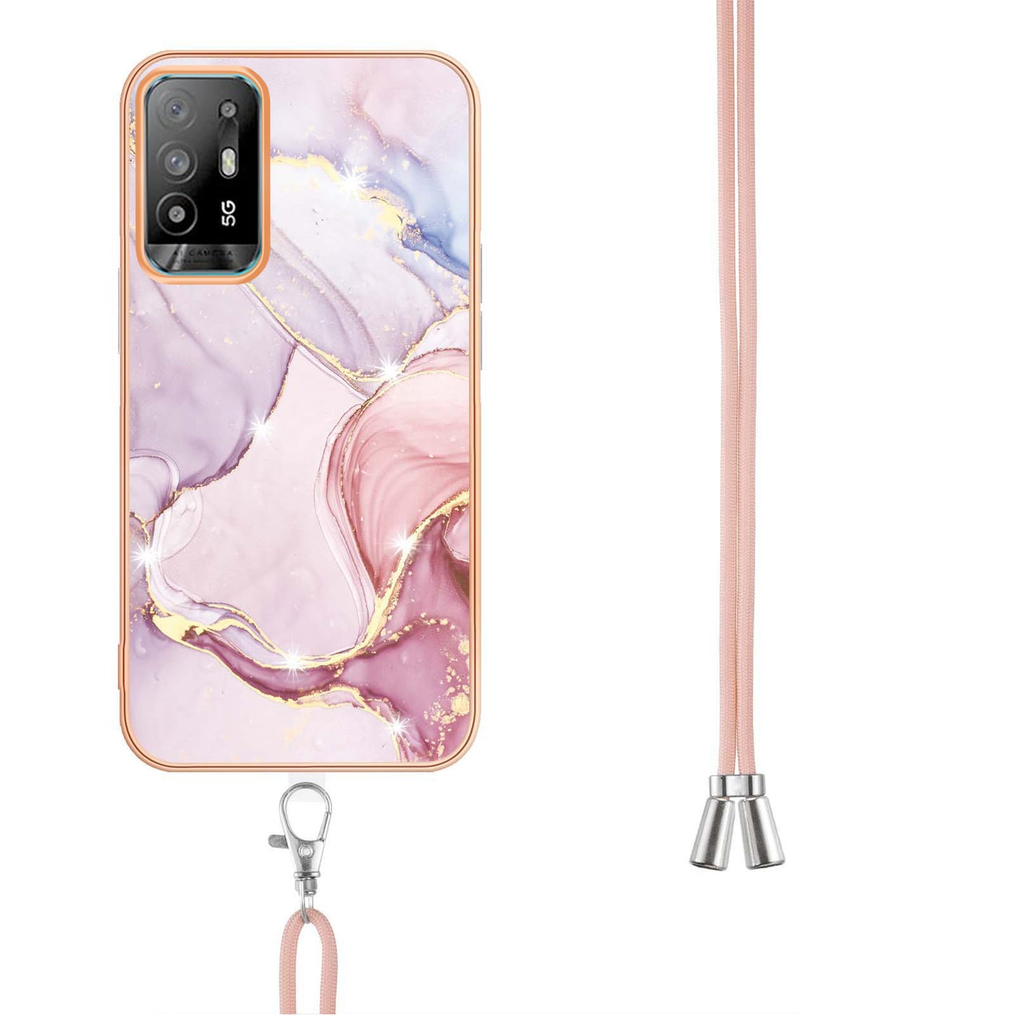 YB IMD Series-9 Marble Pattern Case for Oppo A95 5G/A94 5G Ultra-slim Light Electroplating Frame TPU IMD Lanyard Mobile Phone Case