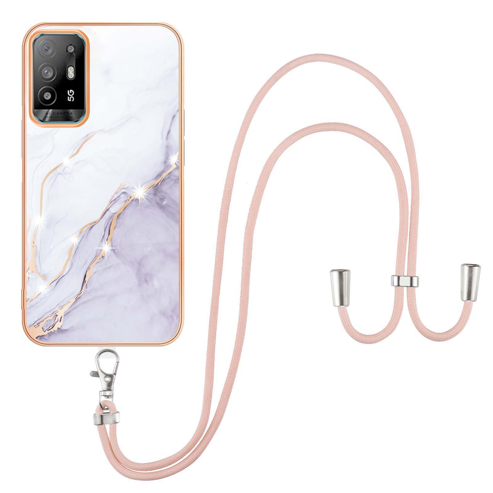 YB IMD Series-9 Marble Pattern Case for Oppo A95 5G/A94 5G Ultra-slim Light Electroplating Frame TPU IMD Lanyard Mobile Phone Case