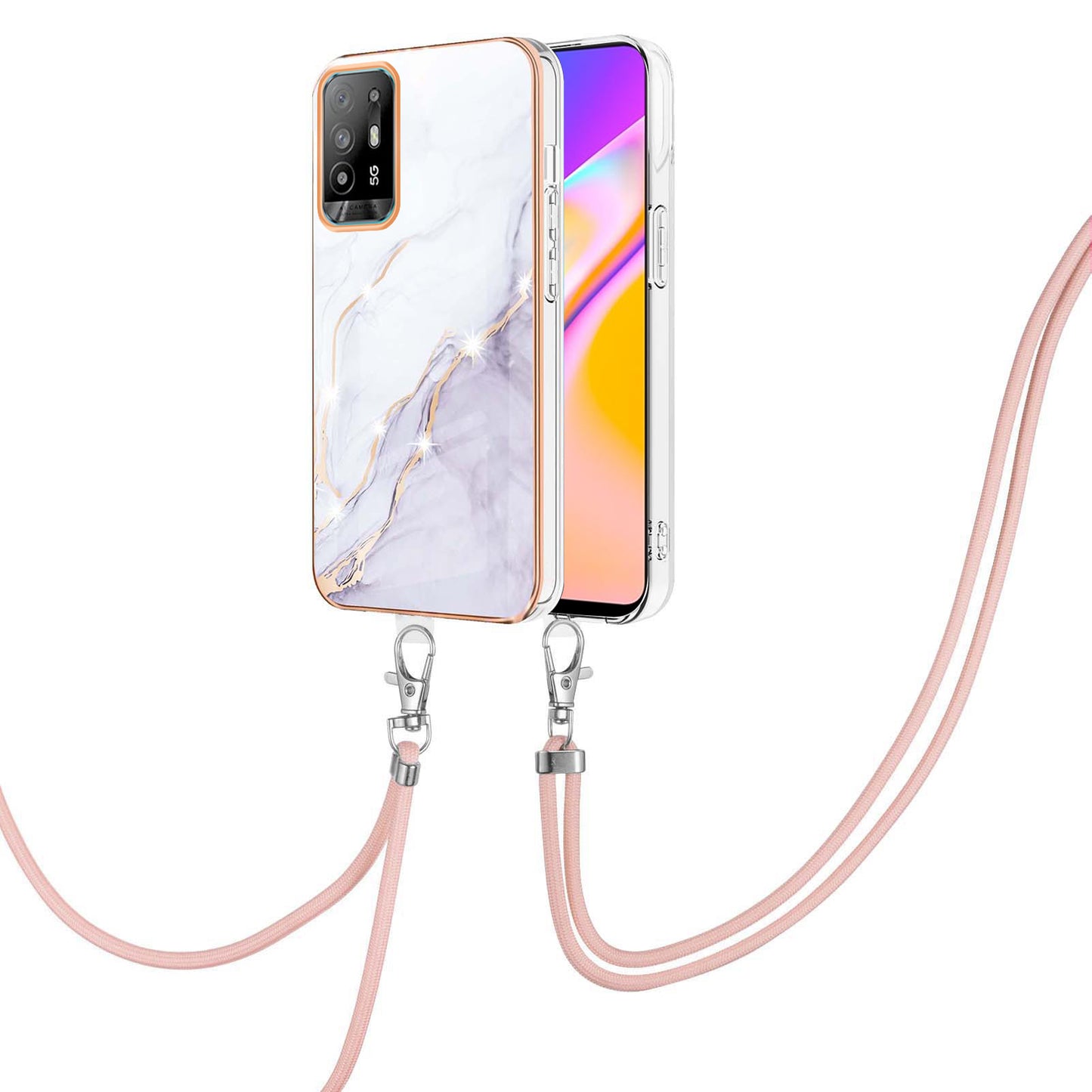 YB IMD Series-9 Marble Pattern Case for Oppo A95 5G/A94 5G Ultra-slim Light Electroplating Frame TPU IMD Lanyard Mobile Phone Case