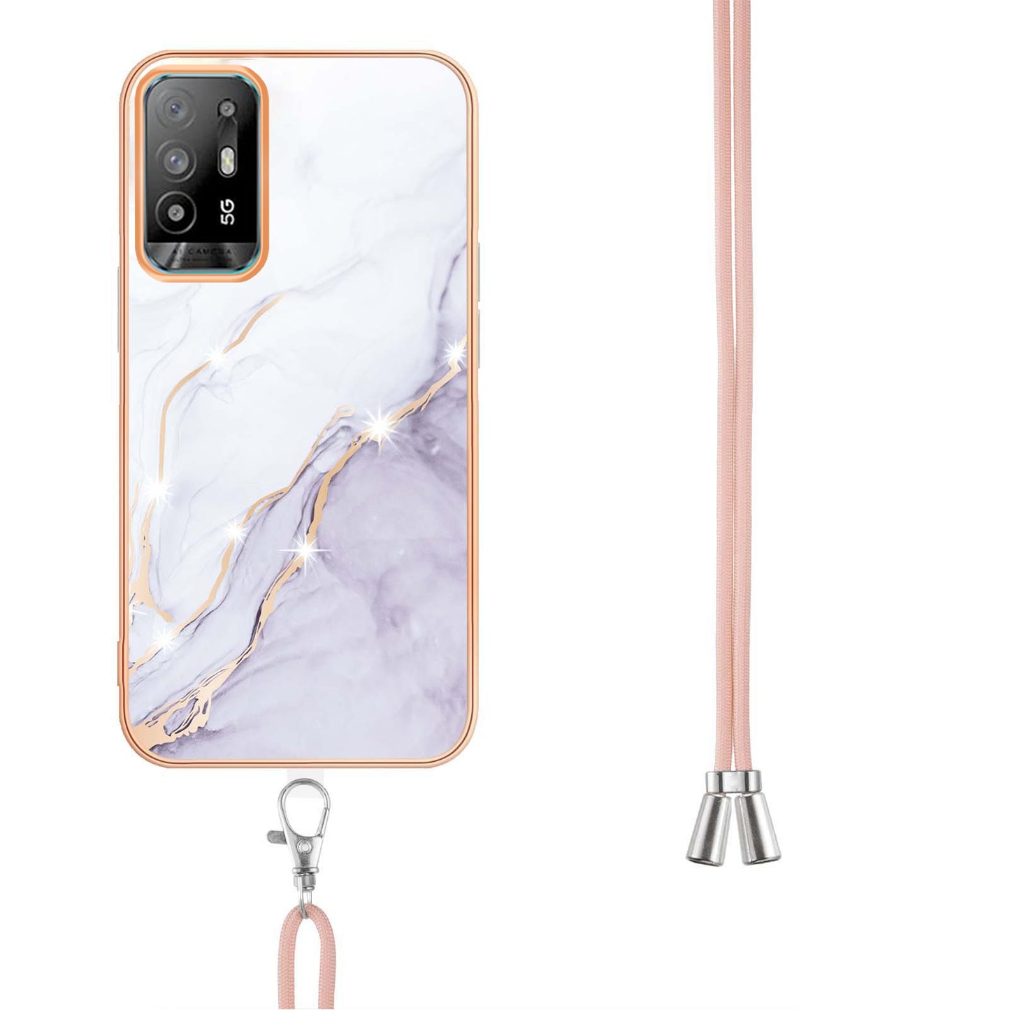 YB IMD Series-9 Marble Pattern Case for Oppo A95 5G/A94 5G Ultra-slim Light Electroplating Frame TPU IMD Lanyard Mobile Phone Case