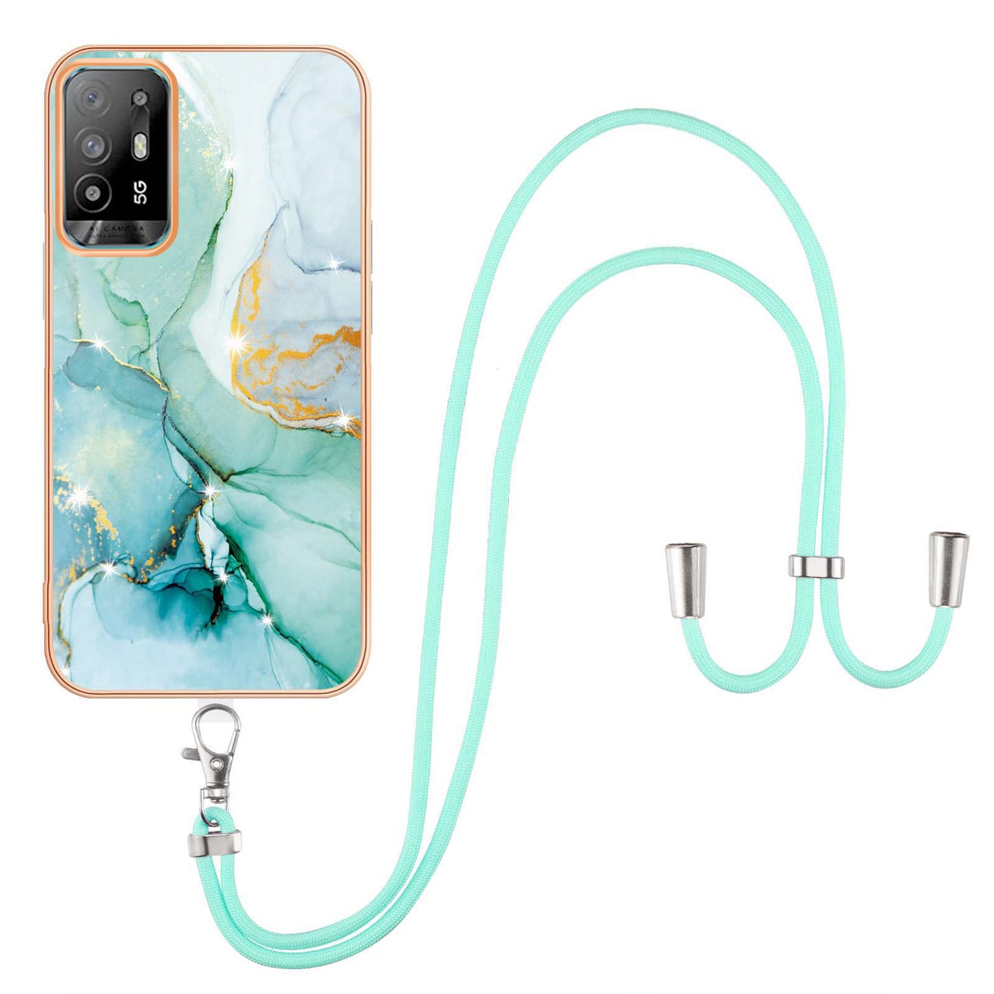YB IMD Series-9 Marble Pattern Case for Oppo A95 5G/A94 5G Ultra-slim Light Electroplating Frame TPU IMD Lanyard Mobile Phone Case