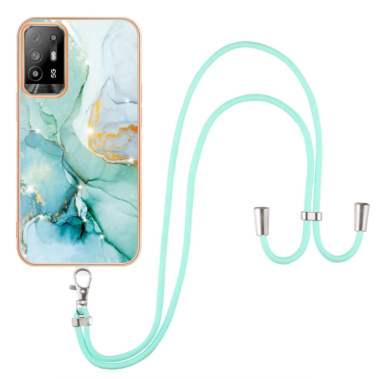 YB IMD Series-9 Marble Pattern Case for Oppo A95 5G/A94 5G Ultra-slim Light Electroplating Frame TPU IMD Lanyard Mobile Phone Case