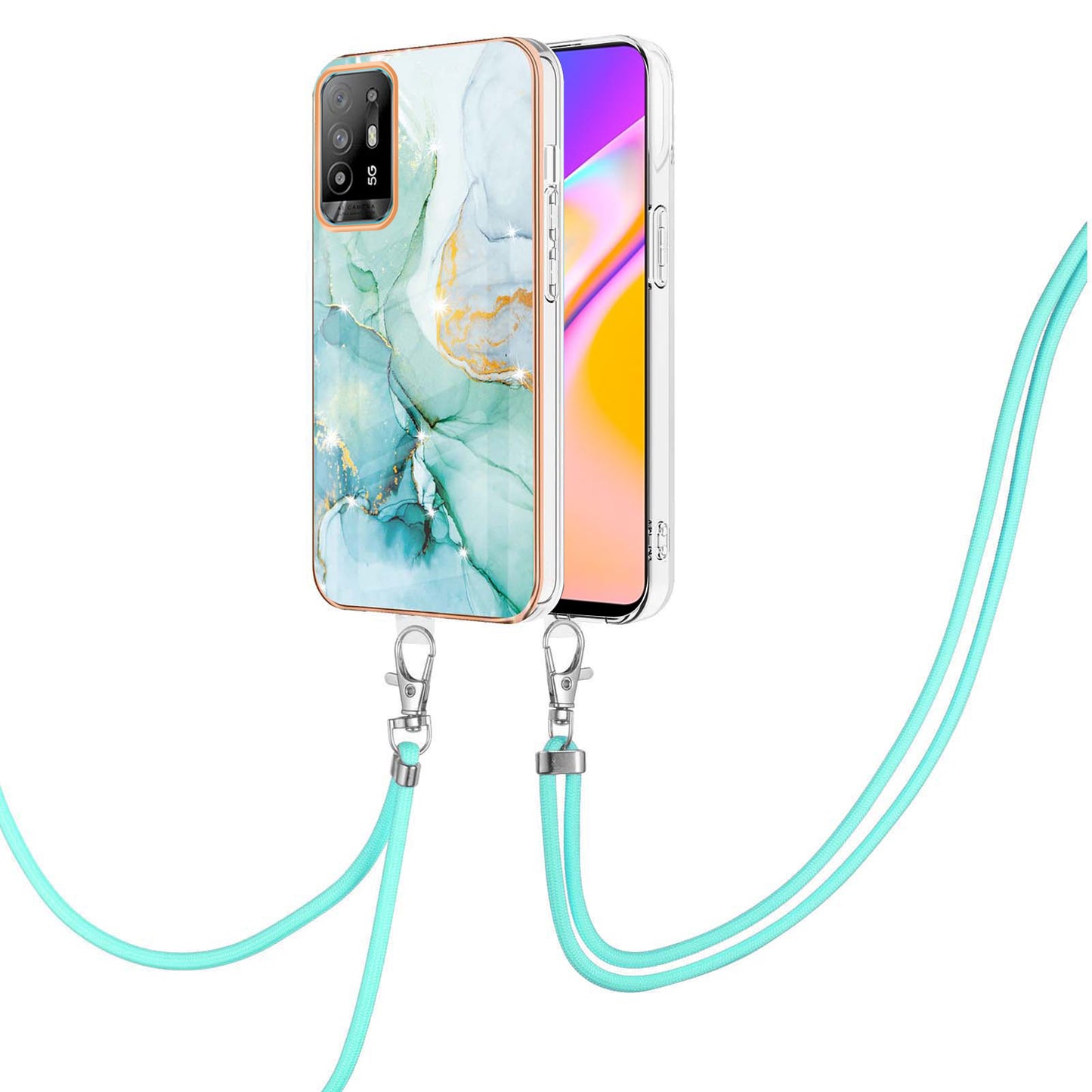 YB IMD Series-9 Marble Pattern Case for Oppo A95 5G/A94 5G Ultra-slim Light Electroplating Frame TPU IMD Lanyard Mobile Phone Case