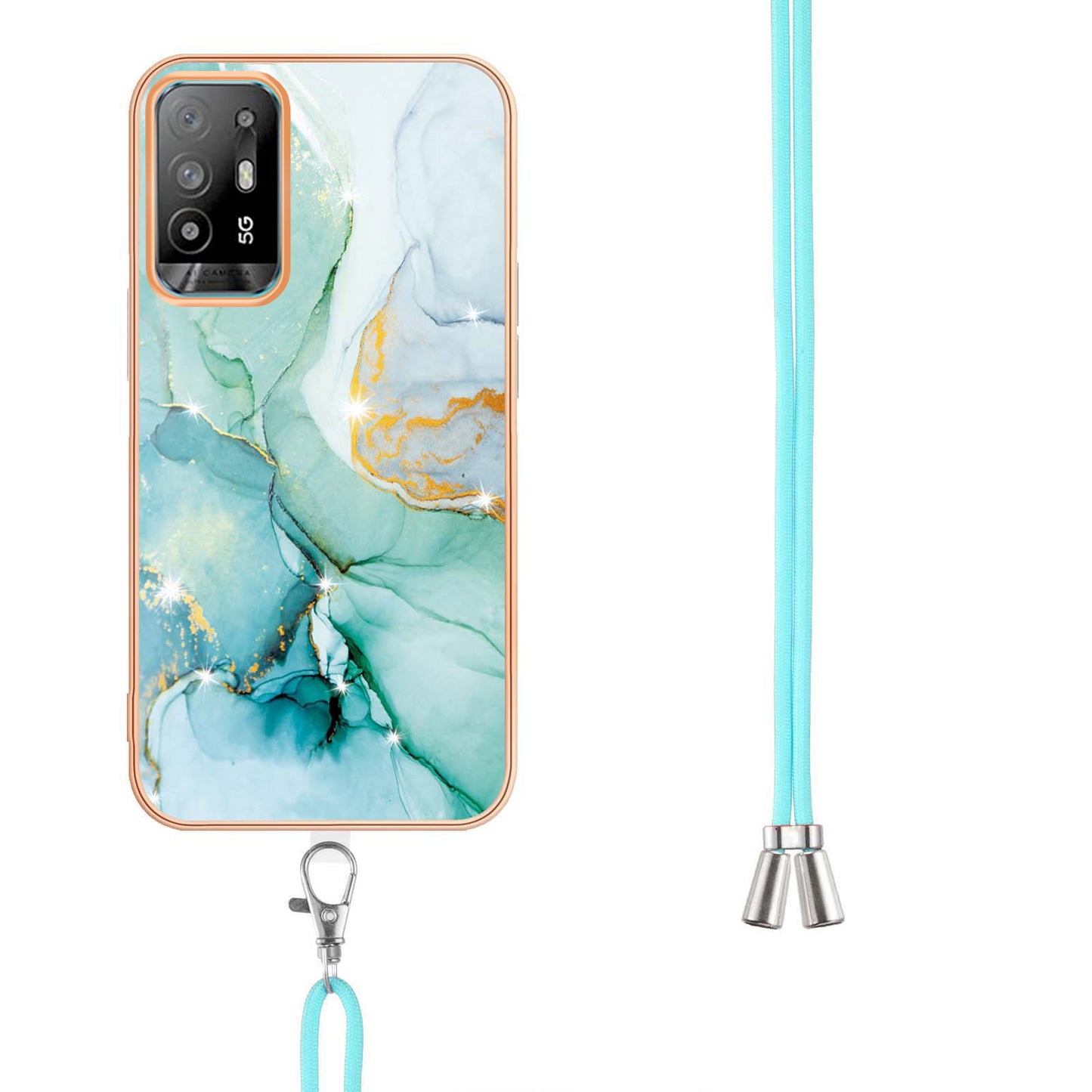 YB IMD Series-9 Marble Pattern Case for Oppo A95 5G/A94 5G Ultra-slim Light Electroplating Frame TPU IMD Lanyard Mobile Phone Case