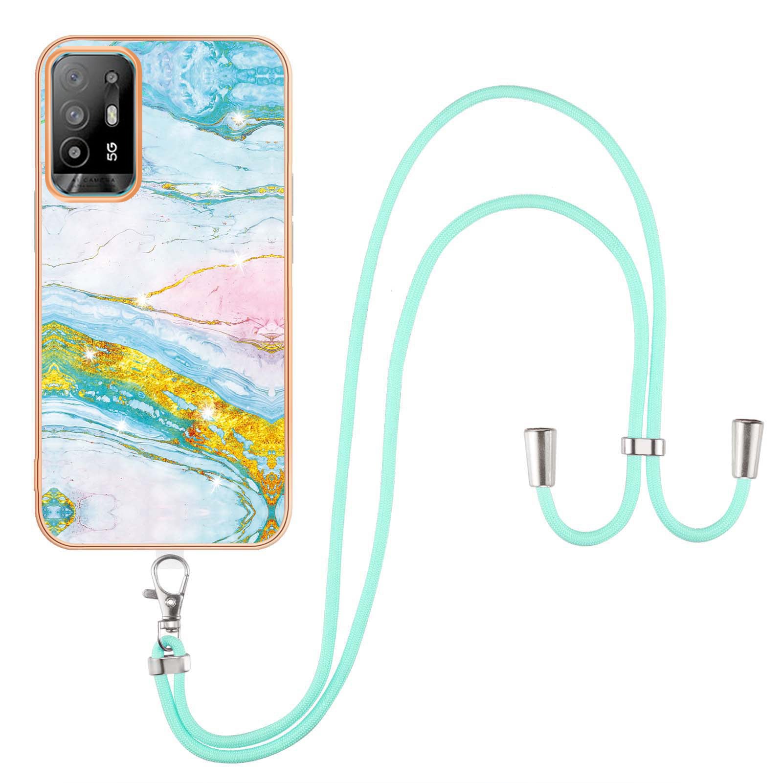 YB IMD Series-9 Marble Pattern Case for Oppo A95 5G/A94 5G Ultra-slim Light Electroplating Frame TPU IMD Lanyard Mobile Phone Case