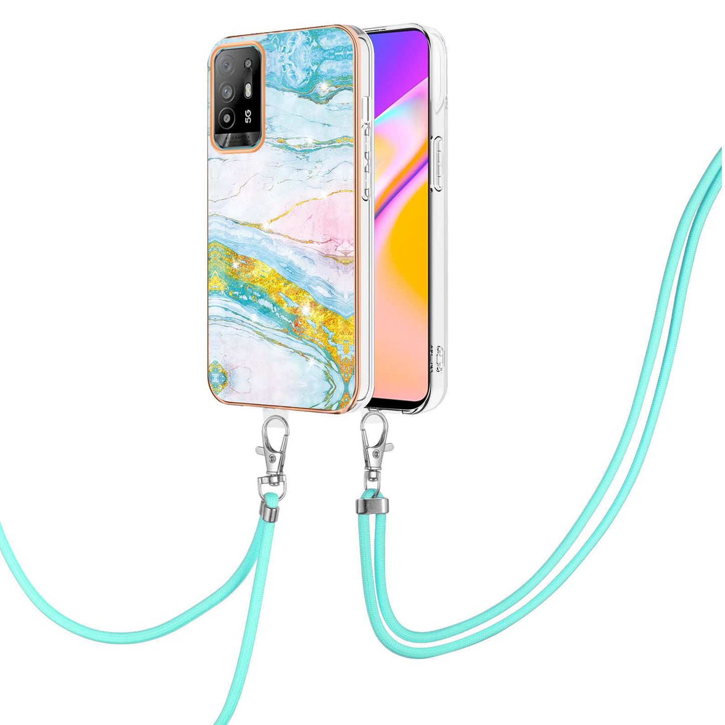 YB IMD Series-9 Marble Pattern Case for Oppo A95 5G/A94 5G Ultra-slim Light Electroplating Frame TPU IMD Lanyard Mobile Phone Case