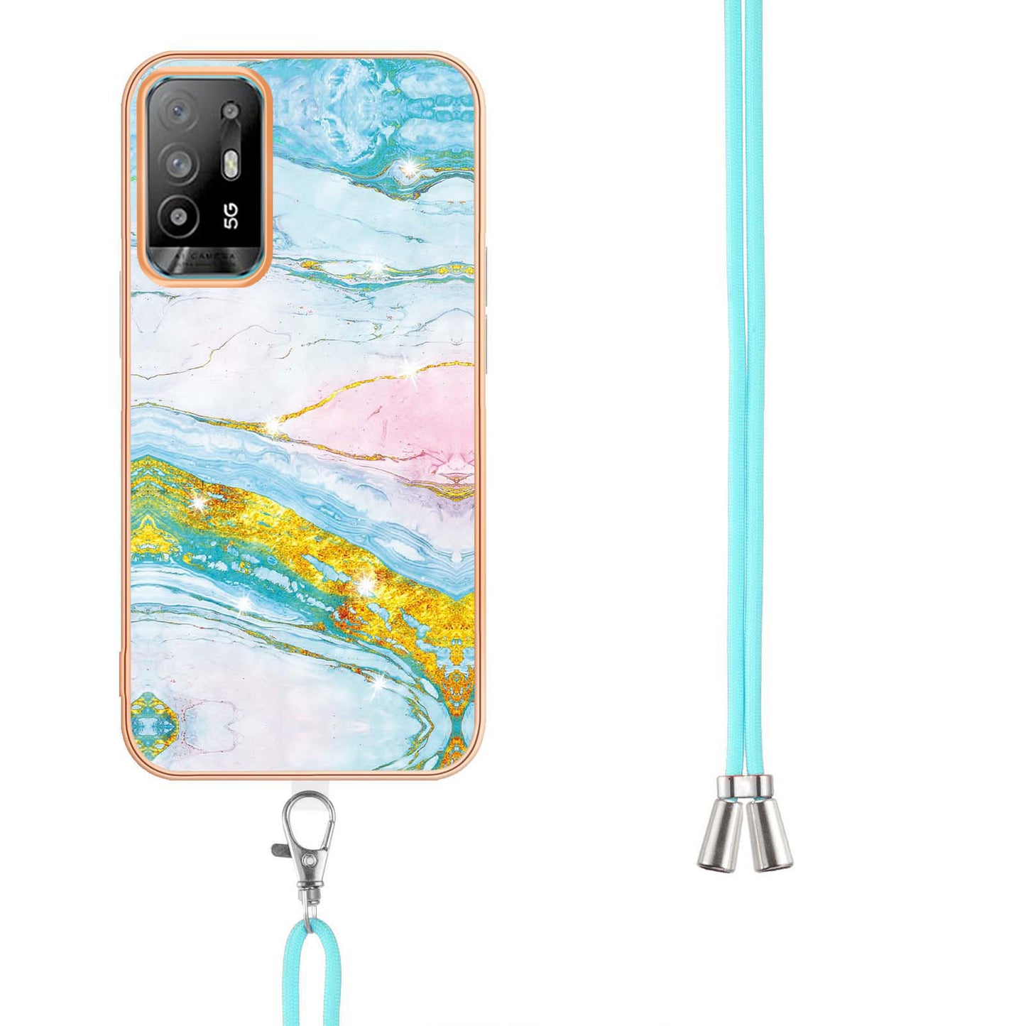 YB IMD Series-9 Marble Pattern Case for Oppo A95 5G/A94 5G Ultra-slim Light Electroplating Frame TPU IMD Lanyard Mobile Phone Case