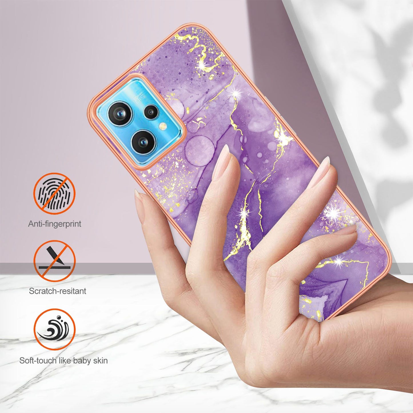YB IMD Series-2 Phone Case for Realme 9 Pro/V25, Electroplating Frame IMD Marble Pattern Flexible TPU Cover