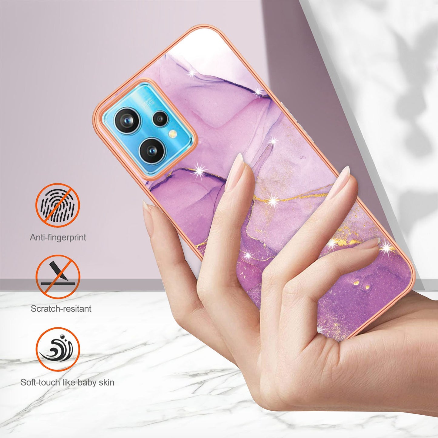 YB IMD Series-2 Phone Case for Realme 9 Pro/V25, Electroplating Frame IMD Marble Pattern Flexible TPU Cover