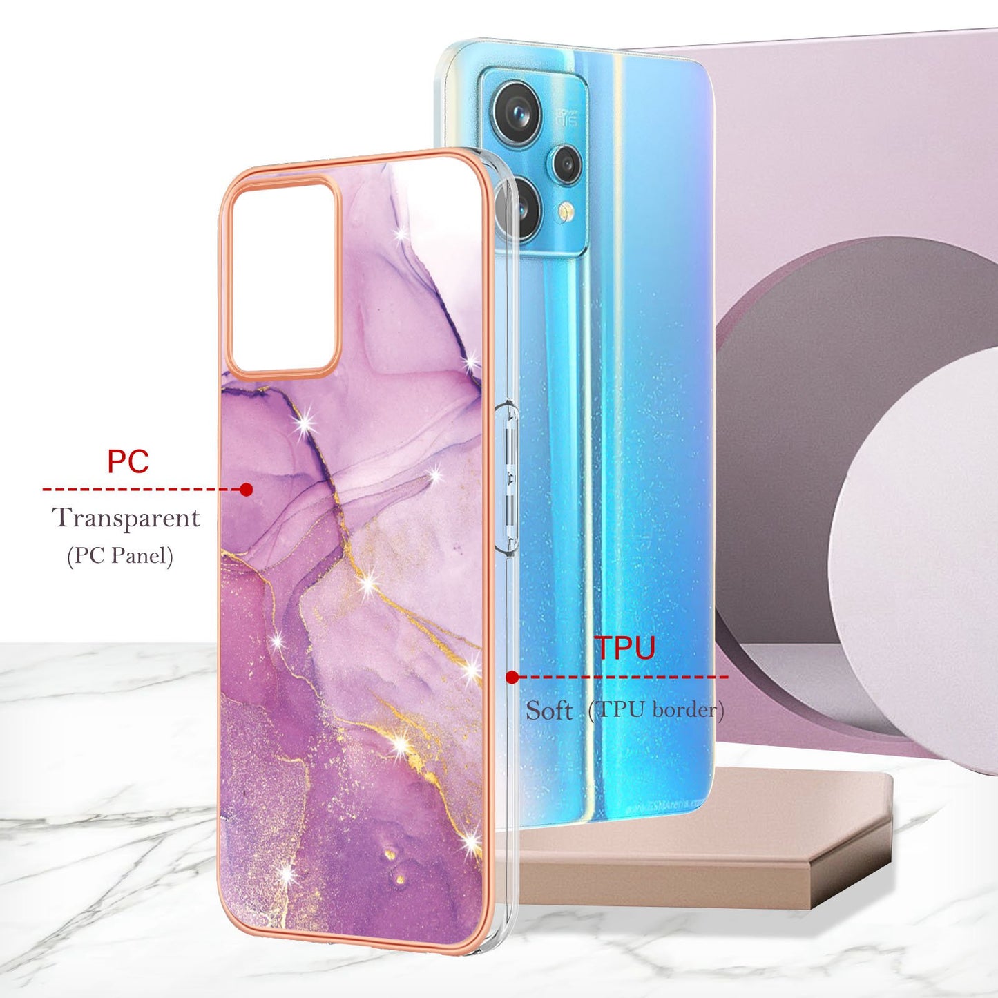 YB IMD Series-2 Phone Case for Realme 9 Pro/V25, Electroplating Frame IMD Marble Pattern Flexible TPU Cover