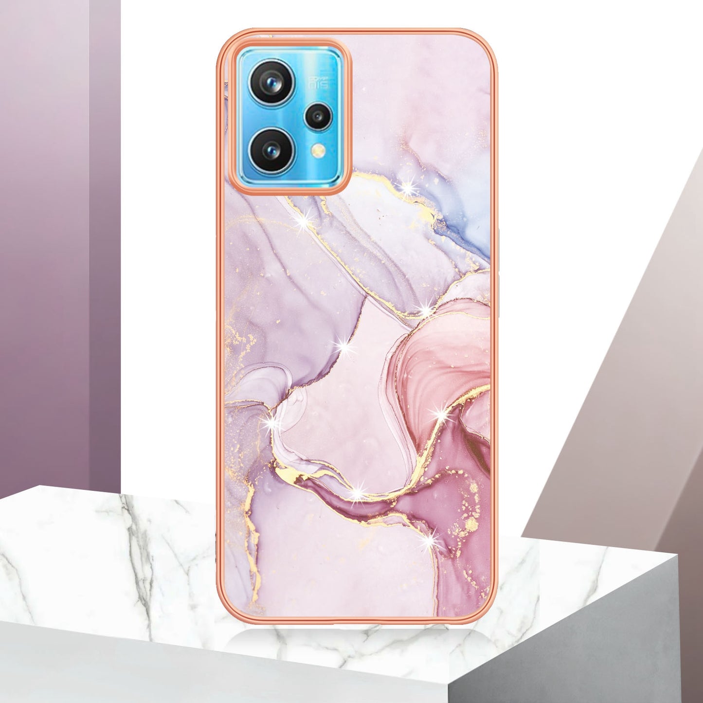 YB IMD Series-2 Phone Case for Realme 9 Pro/V25, Electroplating Frame IMD Marble Pattern Flexible TPU Cover