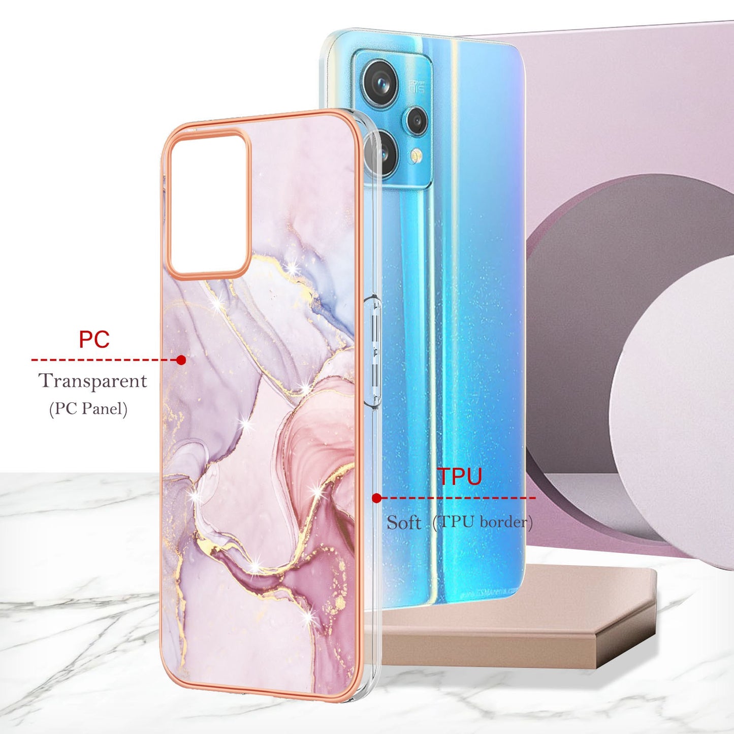 YB IMD Series-2 Phone Case for Realme 9 Pro/V25, Electroplating Frame IMD Marble Pattern Flexible TPU Cover