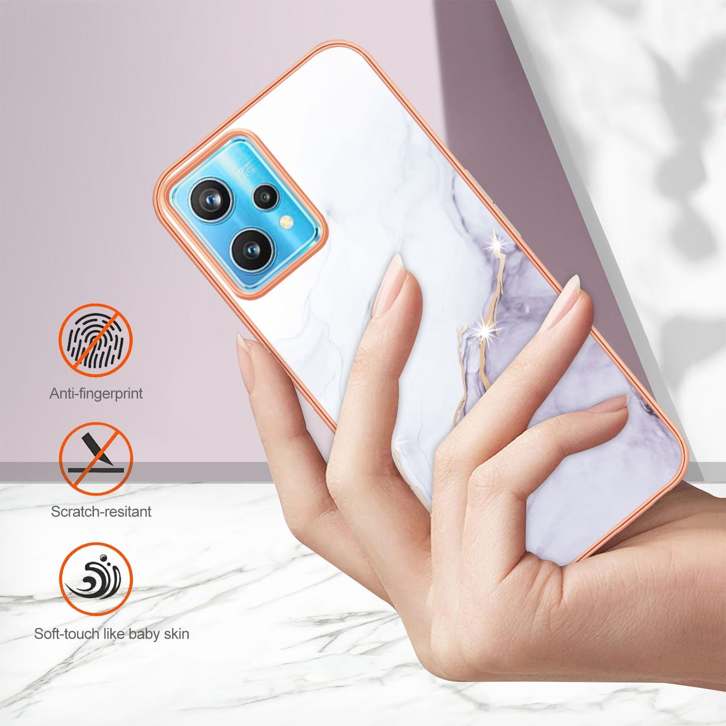 YB IMD Series-2 Phone Case for Realme 9 Pro/V25, Electroplating Frame IMD Marble Pattern Flexible TPU Cover