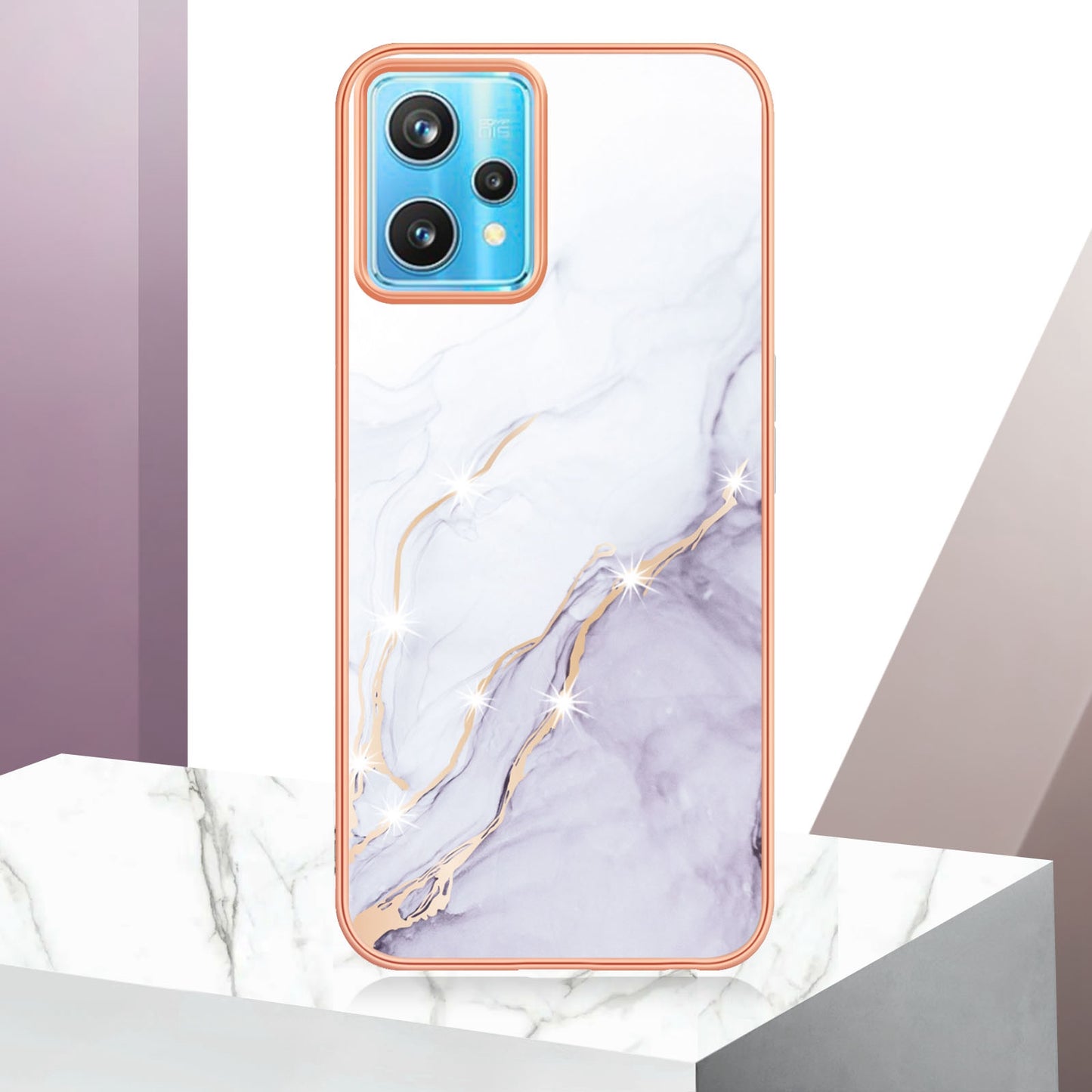 YB IMD Series-2 Phone Case for Realme 9 Pro/V25, Electroplating Frame IMD Marble Pattern Flexible TPU Cover