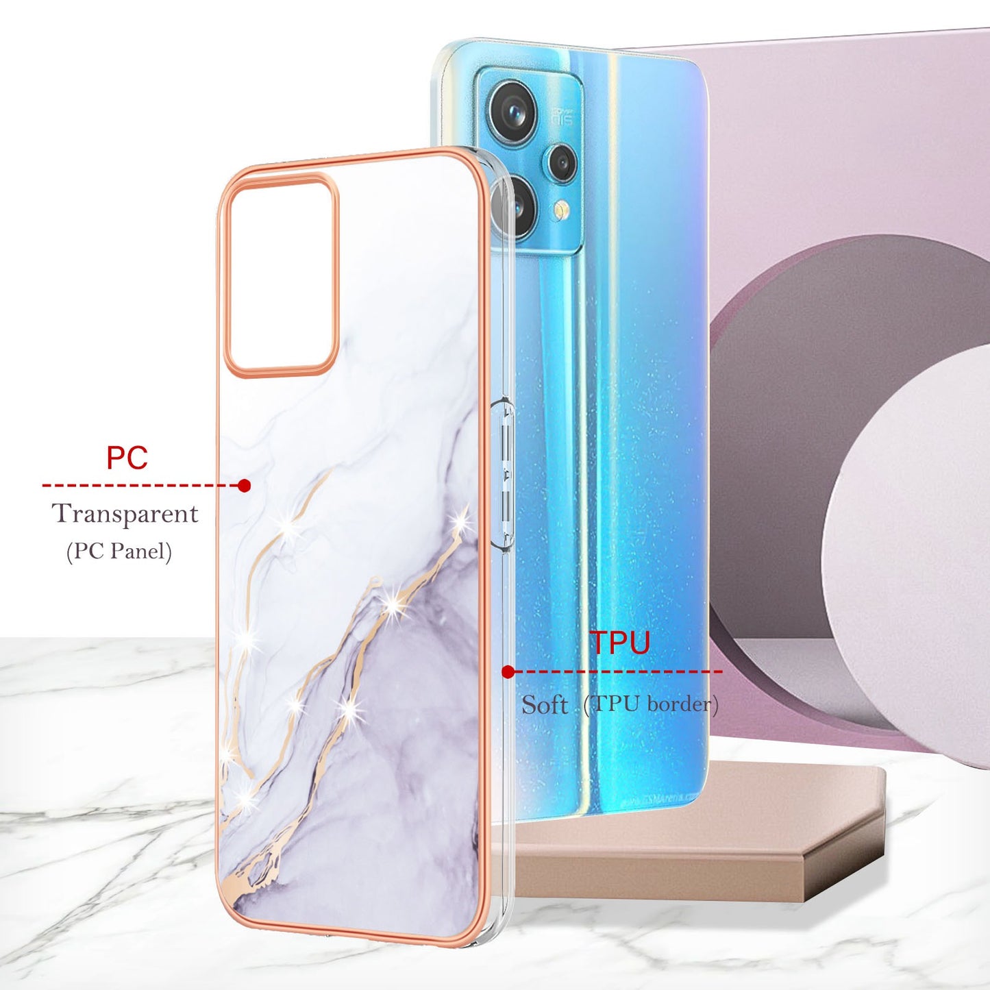YB IMD Series-2 Phone Case for Realme 9 Pro/V25, Electroplating Frame IMD Marble Pattern Flexible TPU Cover