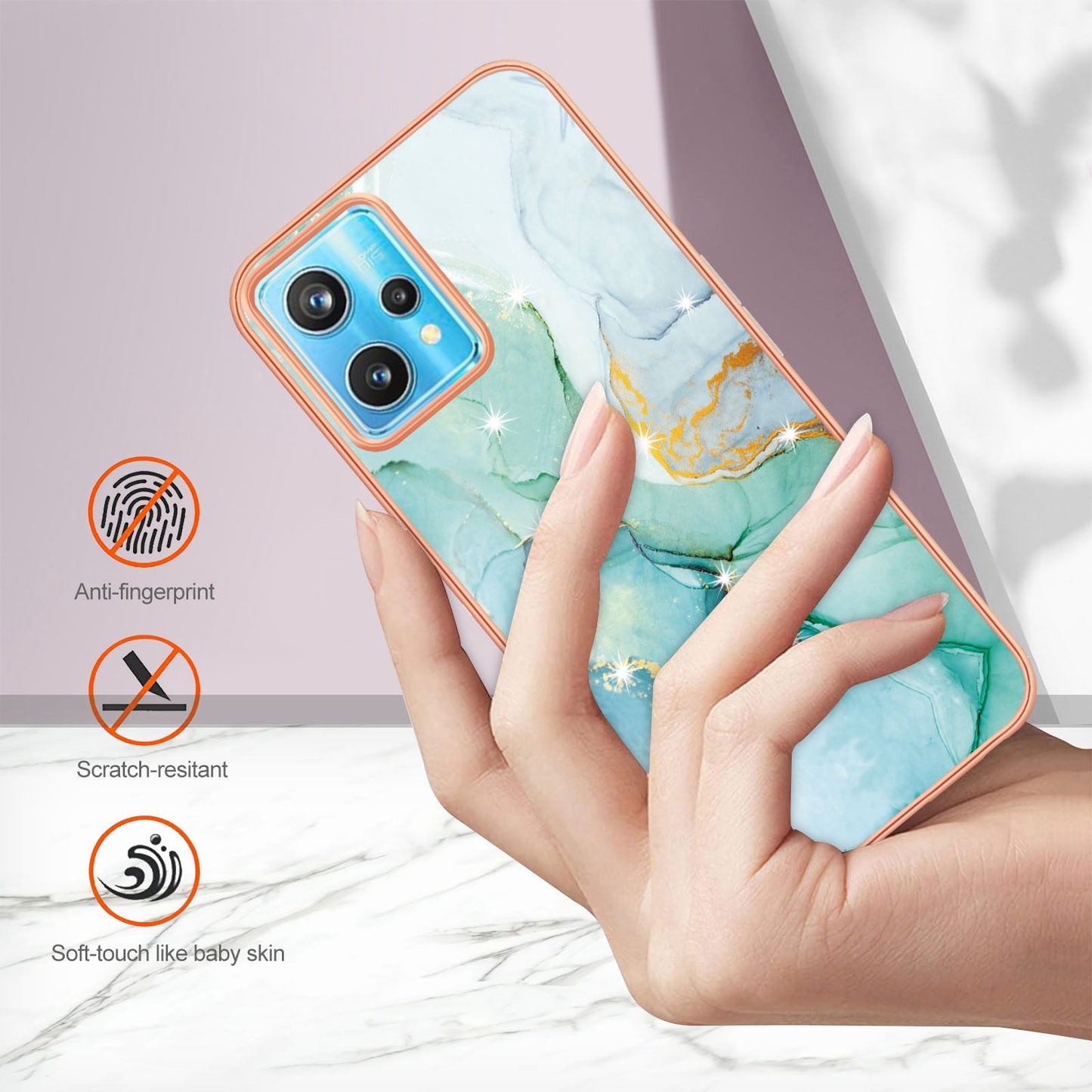 YB IMD Series-2 Phone Case for Realme 9 Pro/V25, Electroplating Frame IMD Marble Pattern Flexible TPU Cover