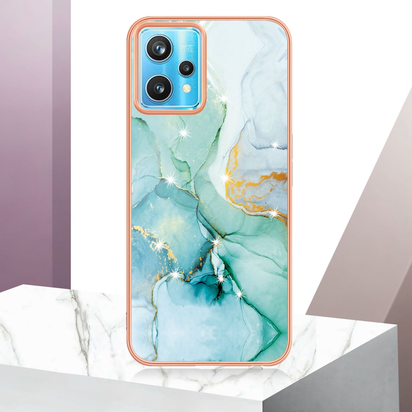 YB IMD Series-2 Phone Case for Realme 9 Pro/V25, Electroplating Frame IMD Marble Pattern Flexible TPU Cover