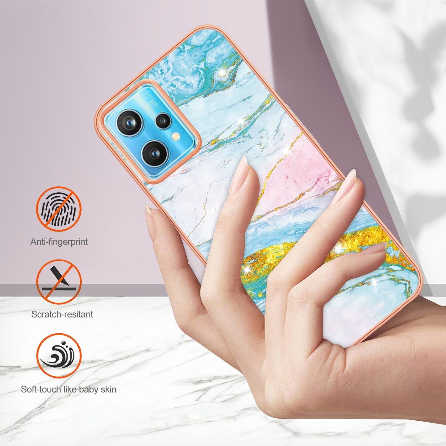 YB IMD Series-2 Phone Case for Realme 9 Pro/V25, Electroplating Frame IMD Marble Pattern Flexible TPU Cover