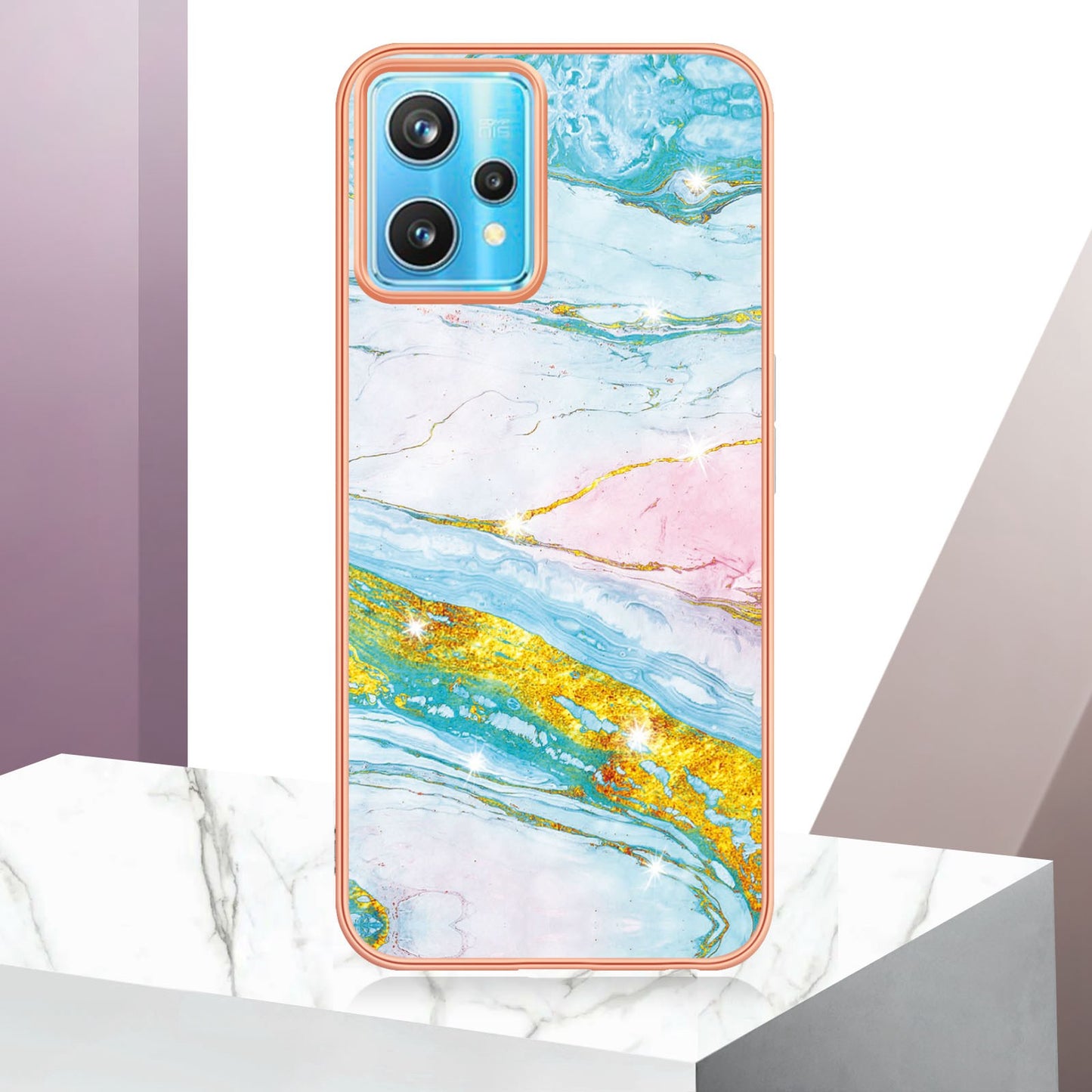 YB IMD Series-2 Phone Case for Realme 9 Pro/V25, Electroplating Frame IMD Marble Pattern Flexible TPU Cover
