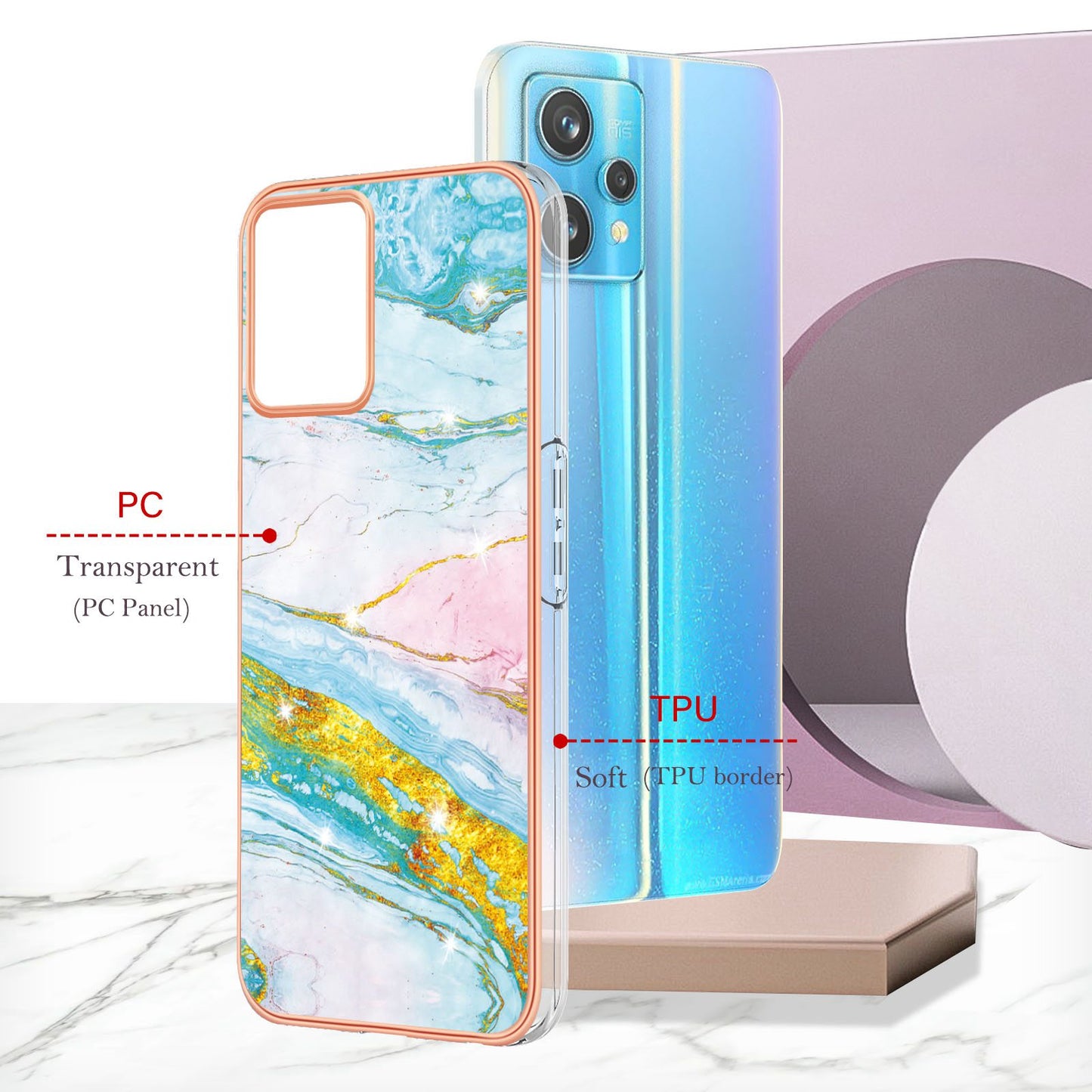 YB IMD Series-2 Phone Case for Realme 9 Pro/V25, Electroplating Frame IMD Marble Pattern Flexible TPU Cover