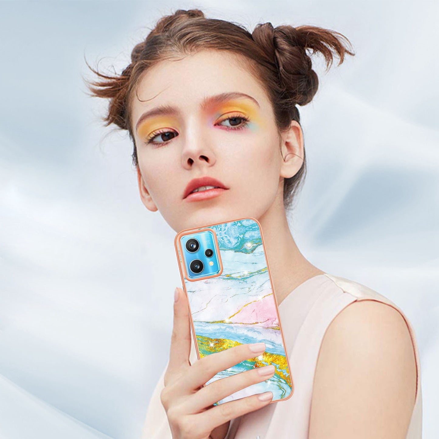 YB IMD Series-2 Phone Case for Realme 9 Pro/V25, Electroplating Frame IMD Marble Pattern Flexible TPU Cover